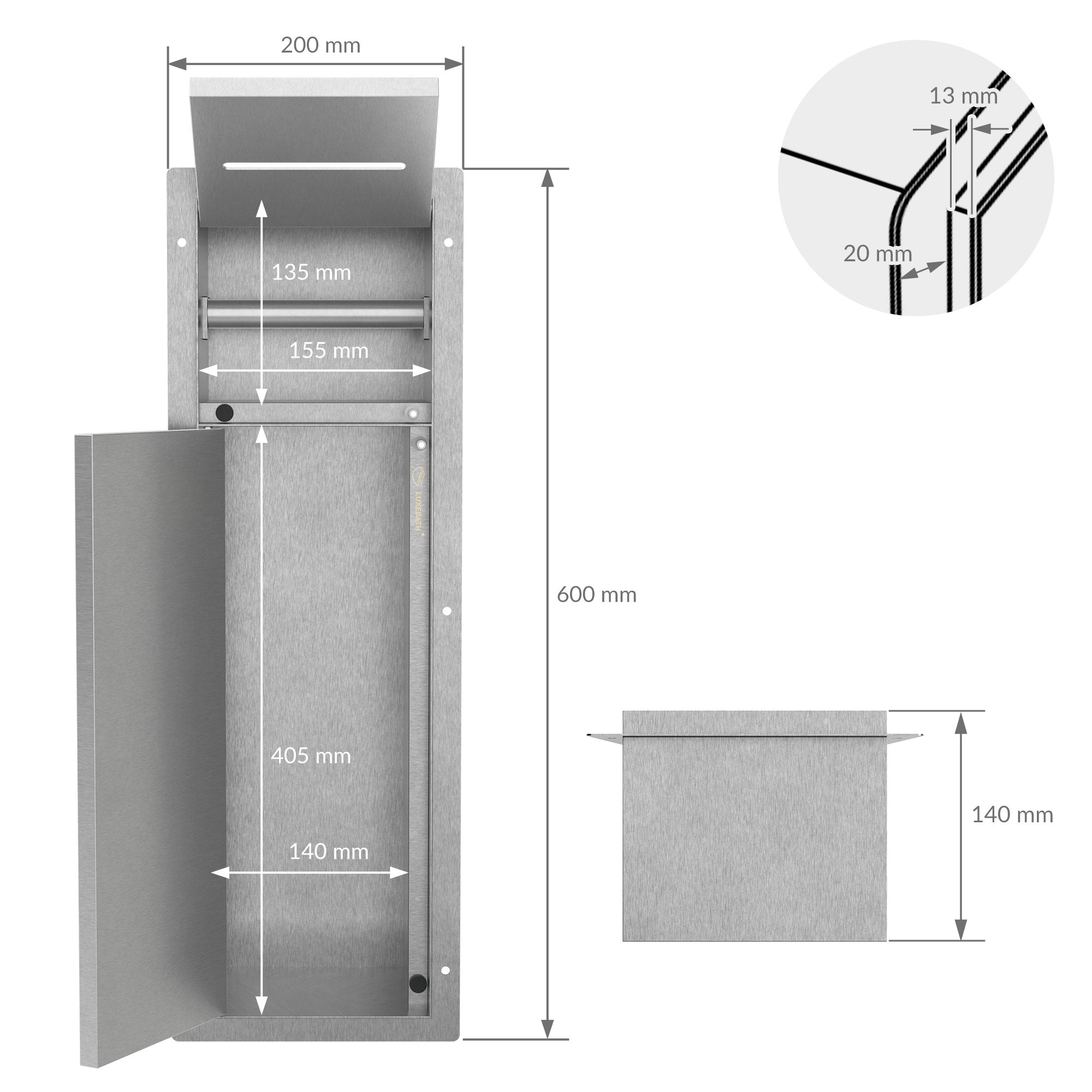 Technical drawing with dimensions of a product in gray.