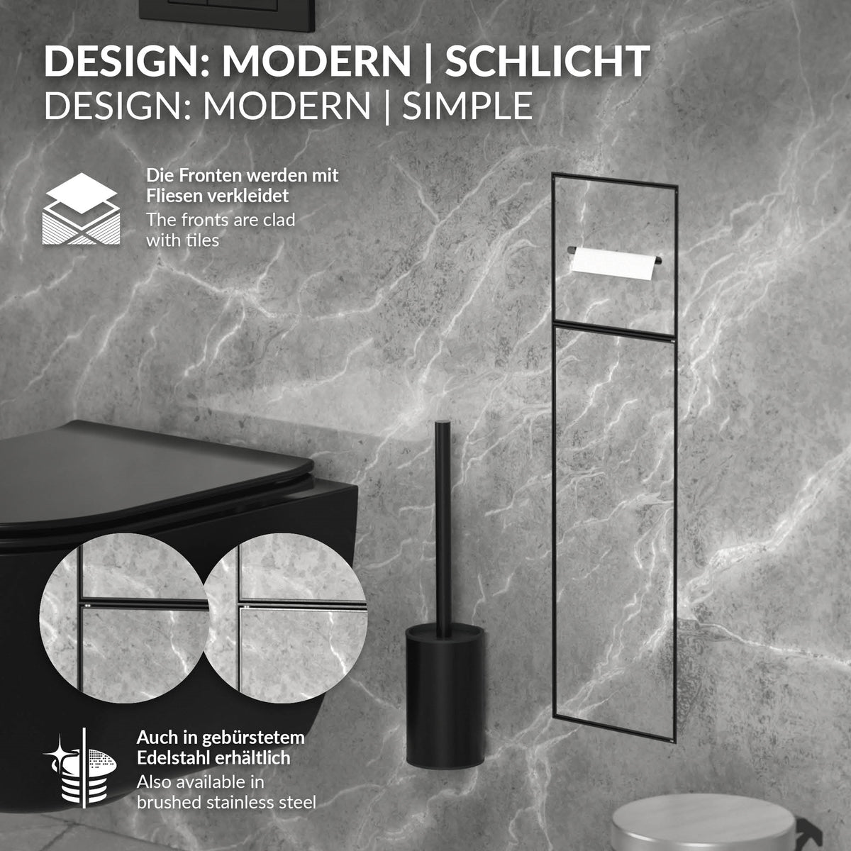 Modernes Badezimmerdesign mit Fliesen und Halterungen für Toilettenpapier und Bürste.