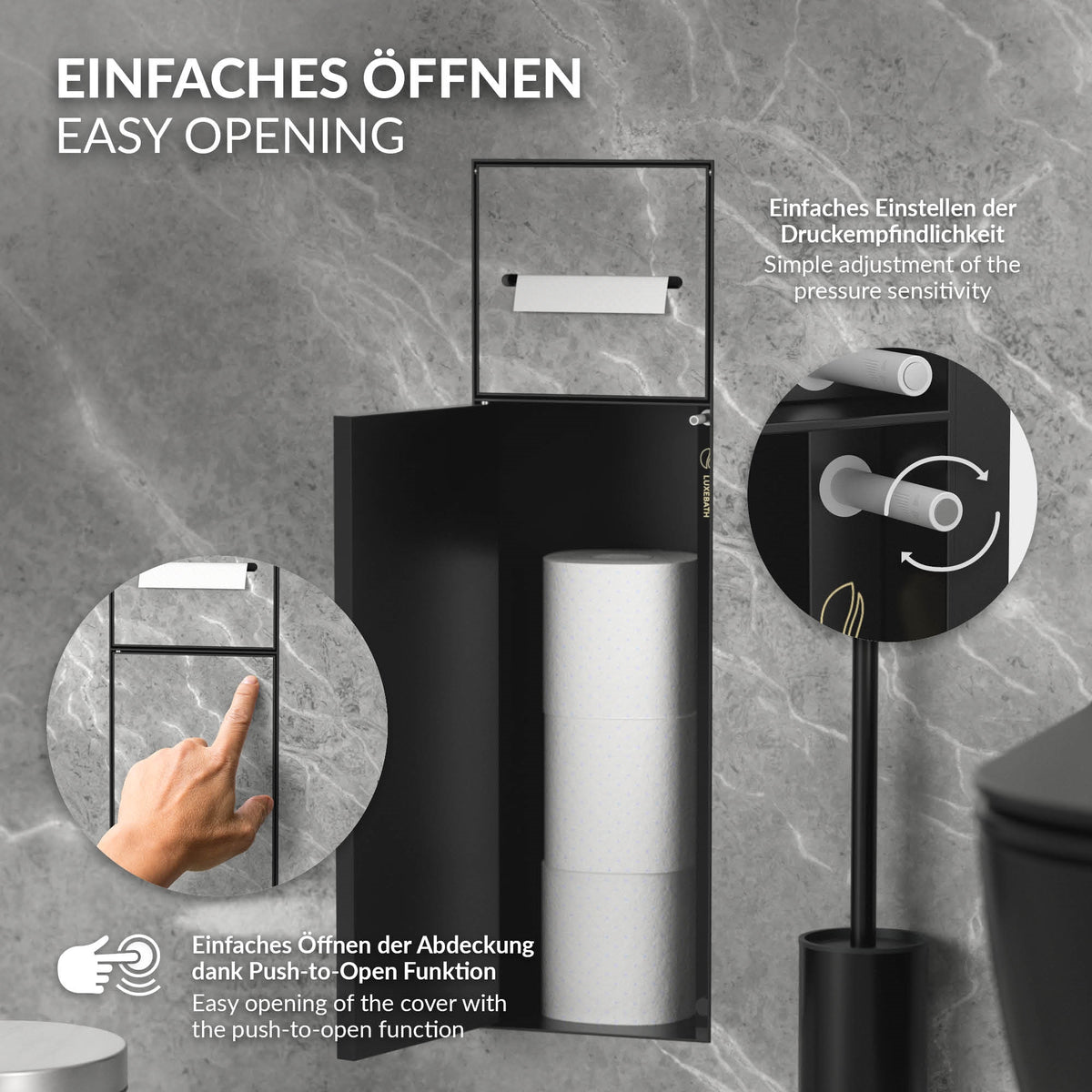 Schwarzer Abfallbehälter mit Druckmechanismus und Toilettenpapierrollen.