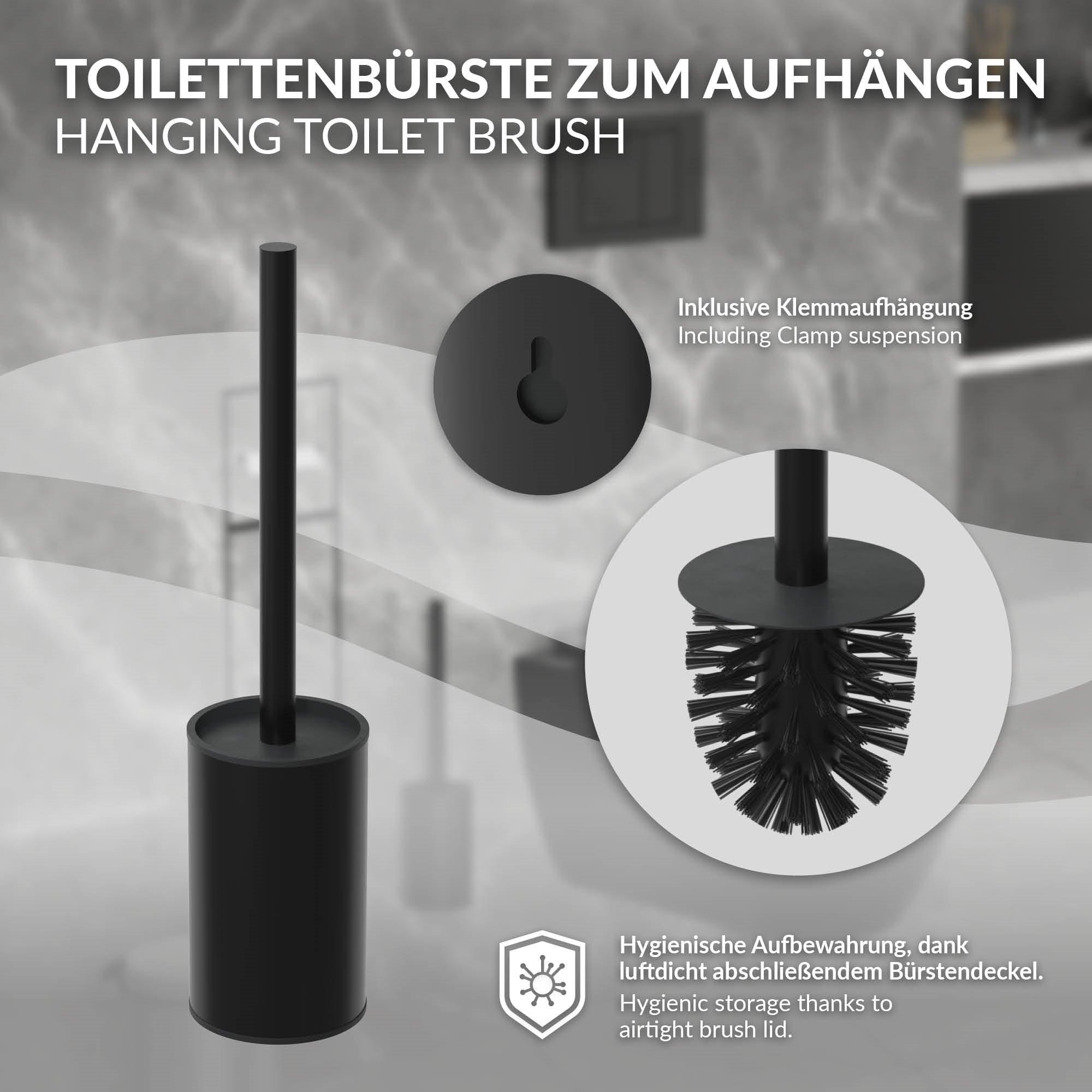 Black toilet brush with holder and hygiene details.