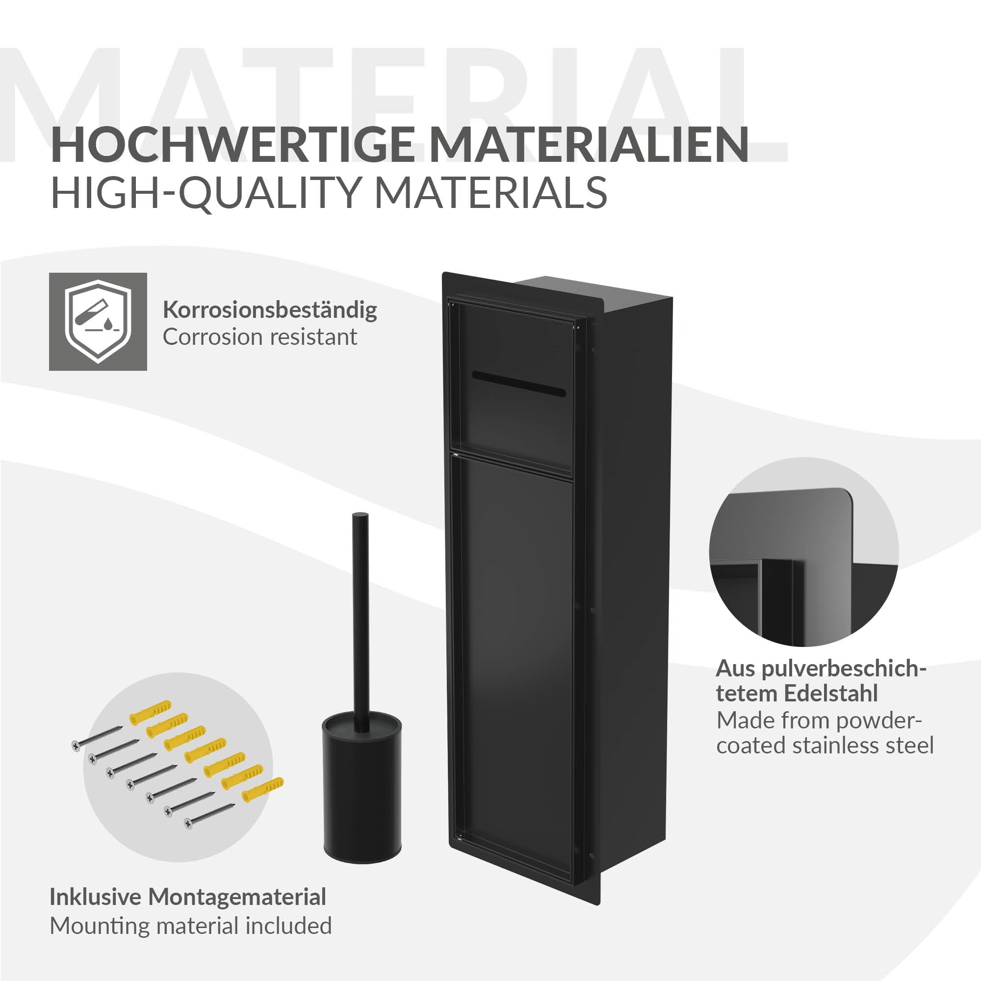 Black waste bin made of stainless steel with mounting accessories.