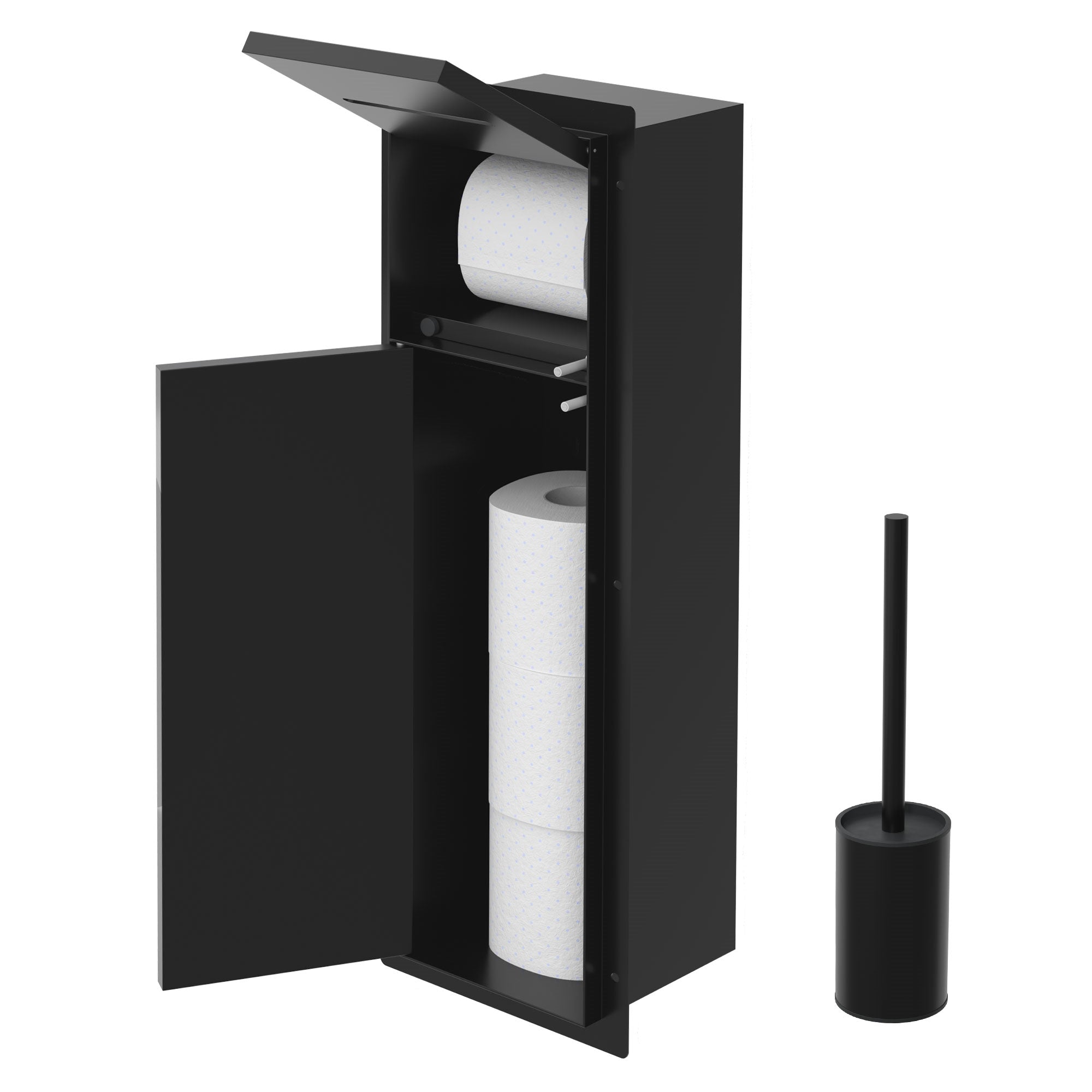 Offener schwarzer Schrank mit Toilettenpapier und Bürste.