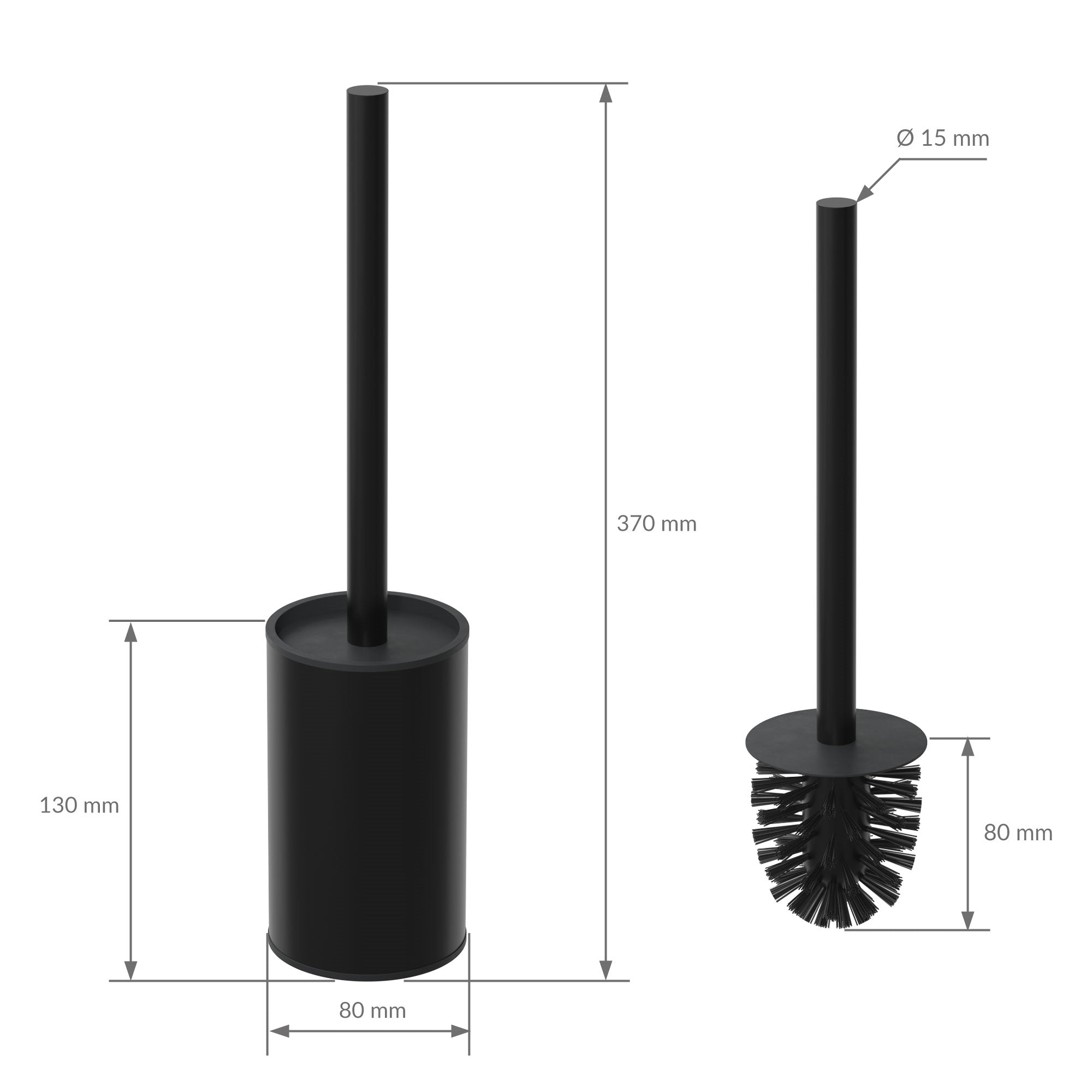 Black toilet brush holder with brush and dimensions in millimeters.