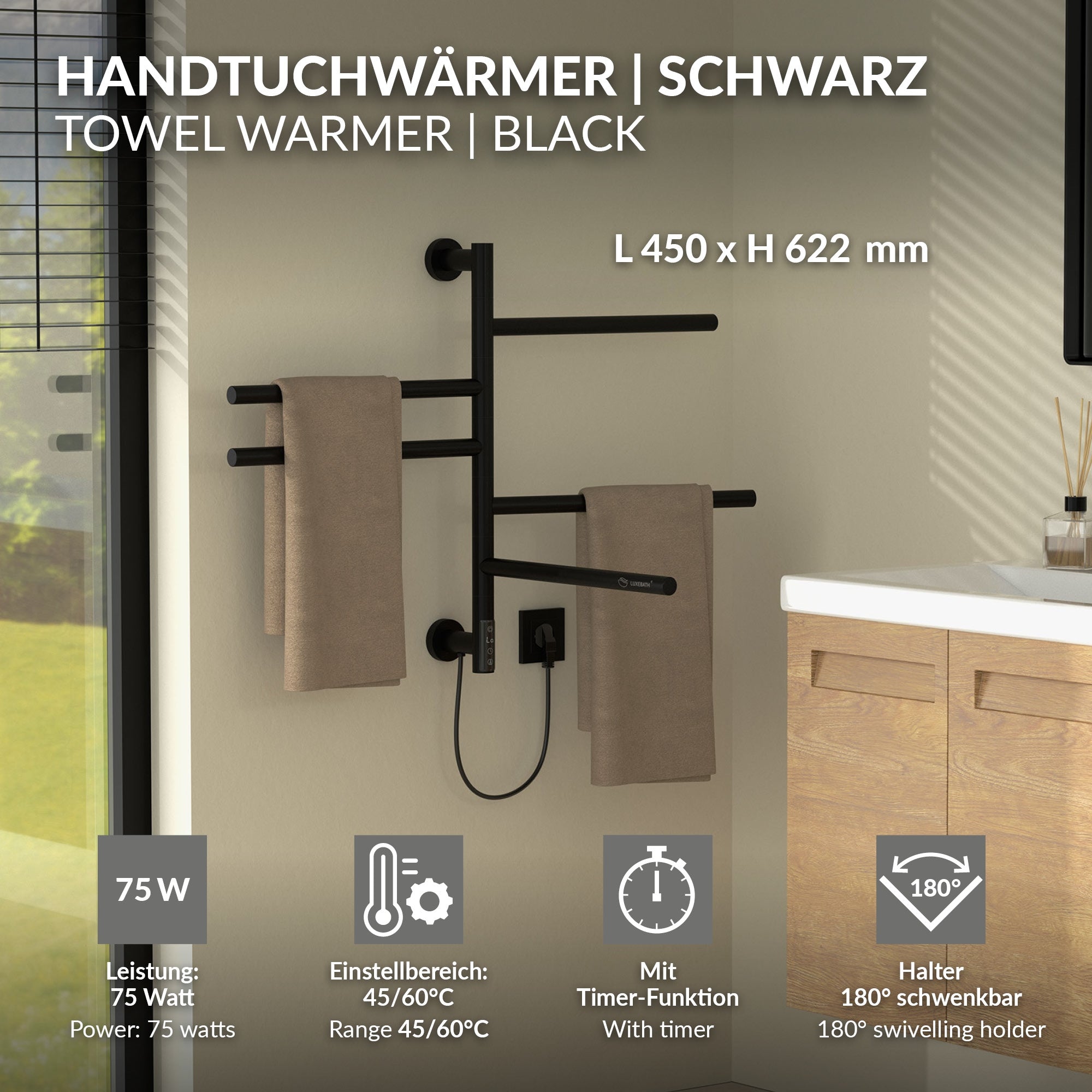 Schwarzer Handtuchwärmer an Wand mit zwei Handtüchern.