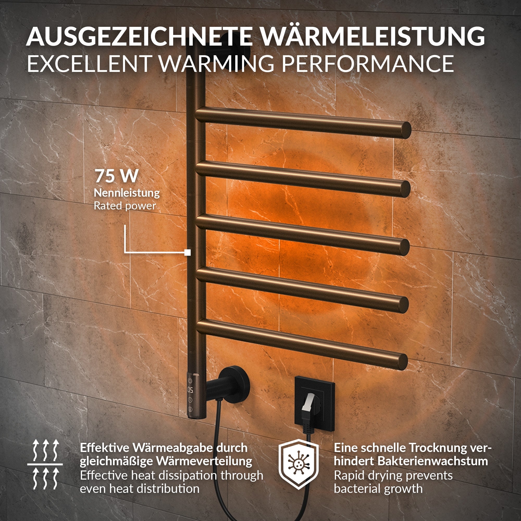 Brauner Handtuchwärmer mit Heizleistung und technischen Informationen.