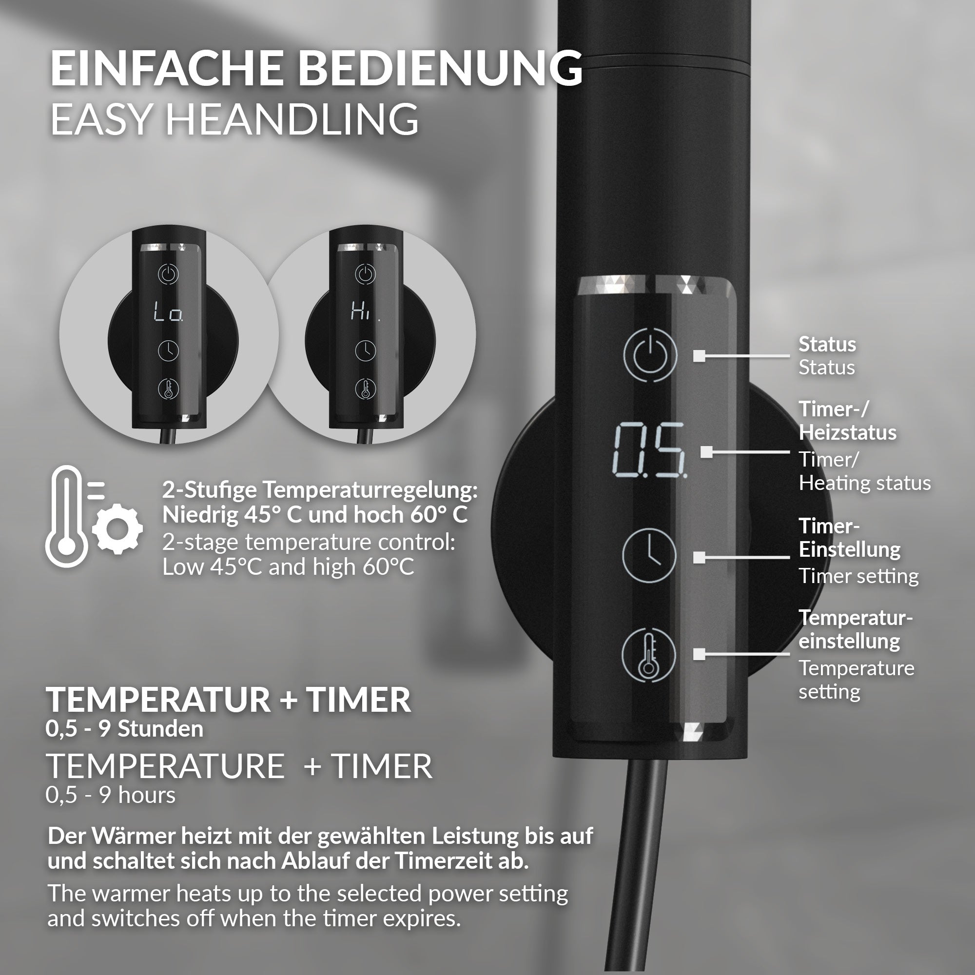 Bedienelemente für Handtuchwärmer mit Temperatur- und Timer-Einstellungen.