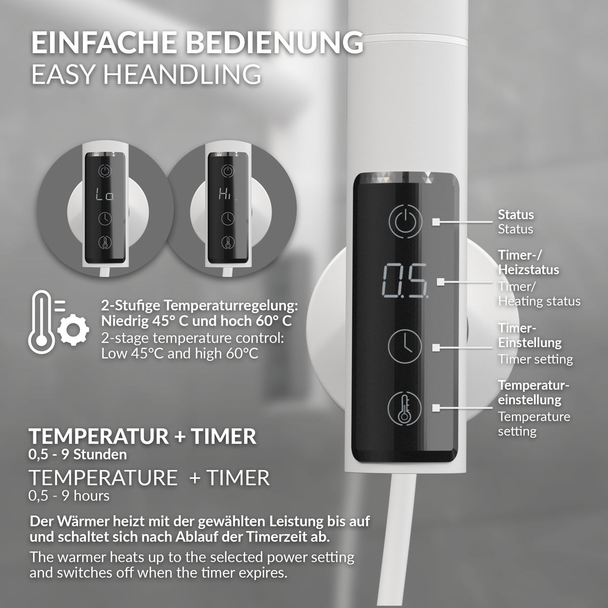 Betjeningspanel med temperatur- og timerindstillinger.