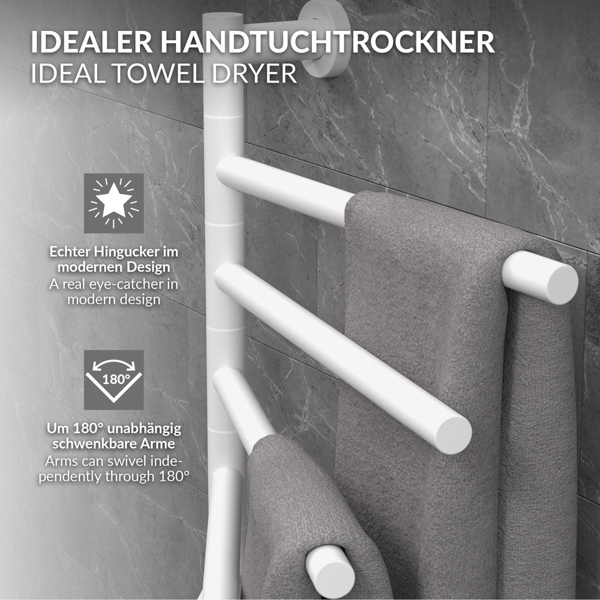 Handtuchtrockner mit mehreren horizontalen Stangen und Wandmontage.