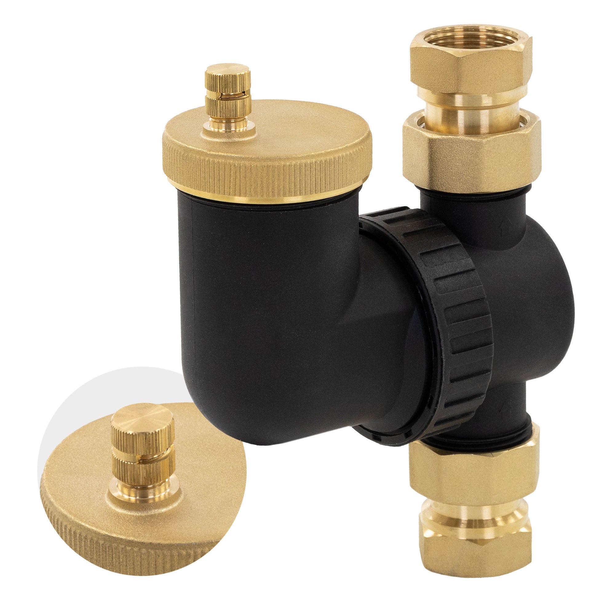 Schwarzes Siphon mit goldenen Anschlüssen, Detailansicht.