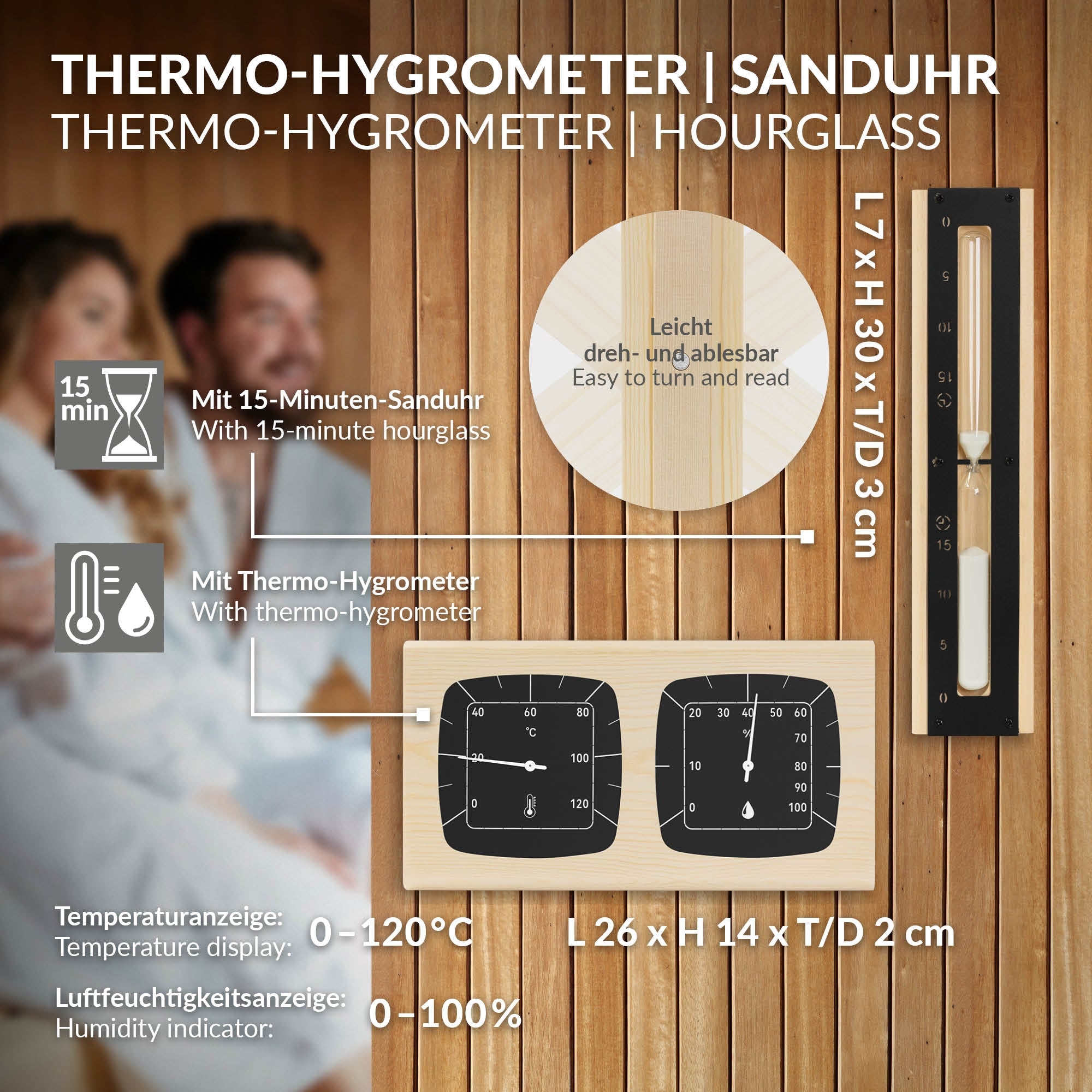 Termo-hygrometer og timeglas med temperatur- og fugtighedsvisning.
