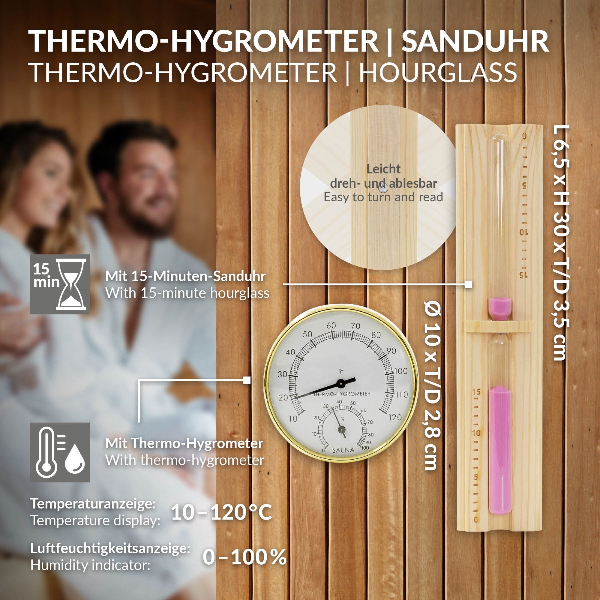 Ein Thermo-Hygrometer und eine Sanduhr auf einem Holzuntergrund.