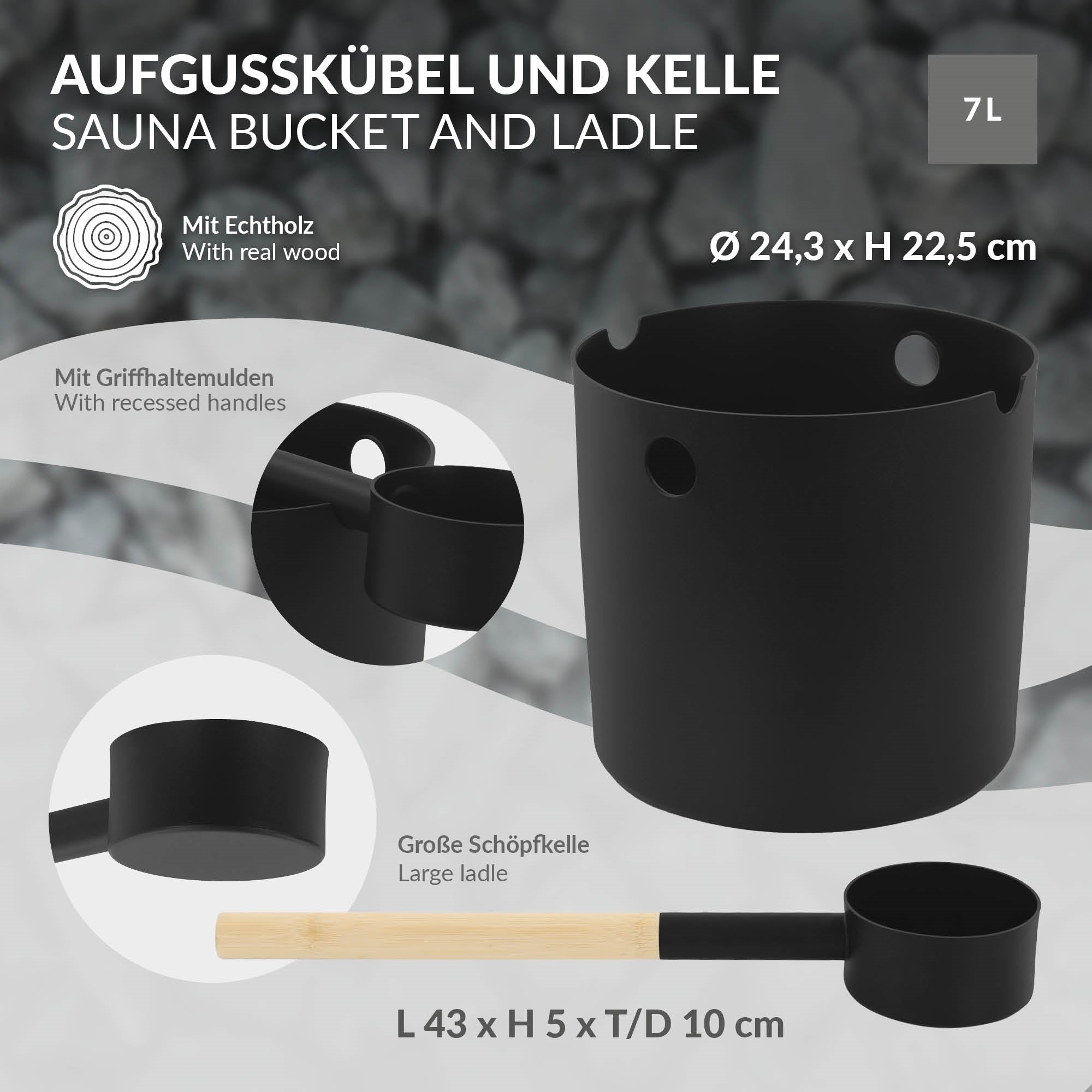 Grafik eines Aufgusskübels und einer Kelle, mit Maßen und Materialbeschreibung.