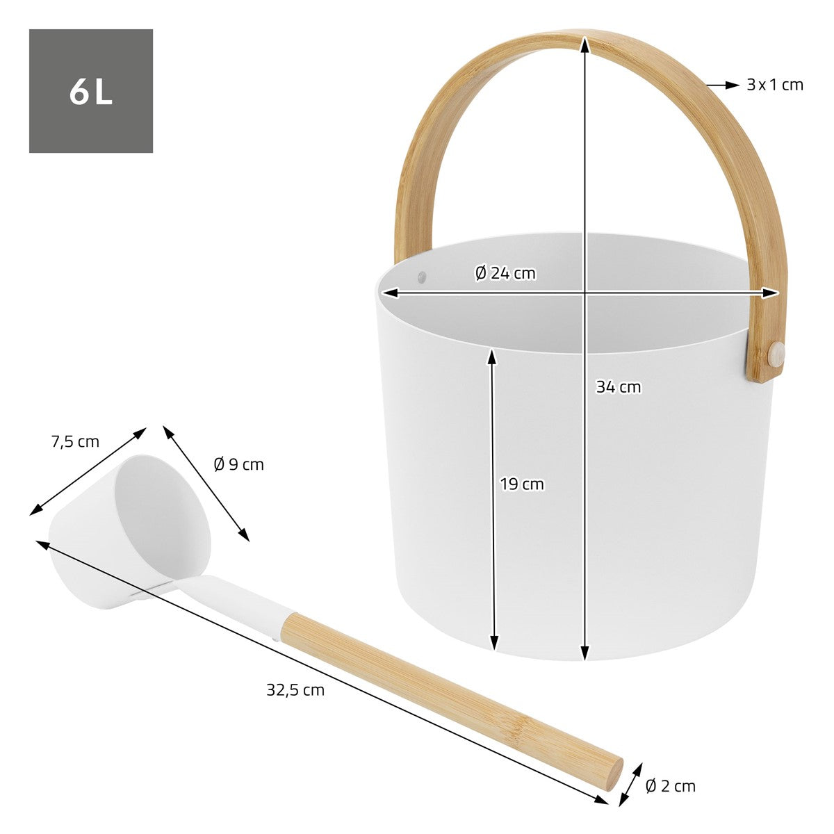 Weißer Aufgusskübel mit Holzgriff und Messbecher, Maße angegeben.