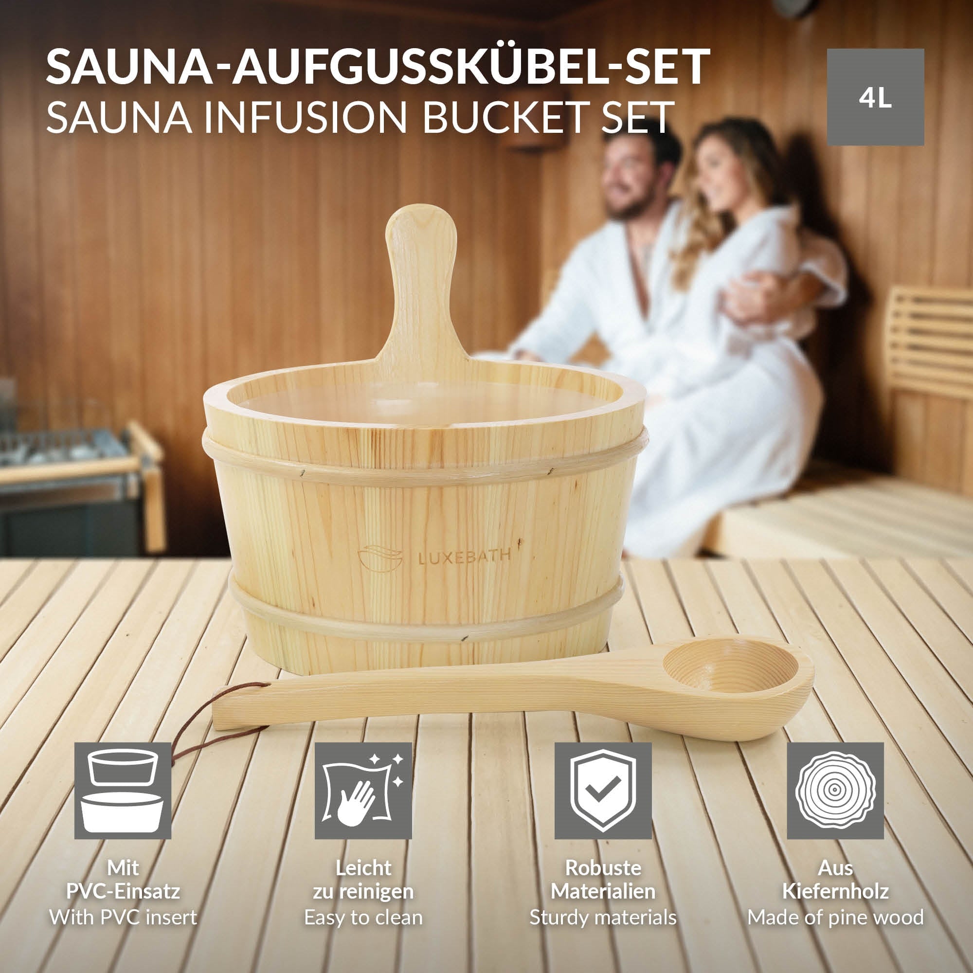 Sauna-Aufgusskübel-Set mit Holzbehälter und Löffel auf einer Holzbank.