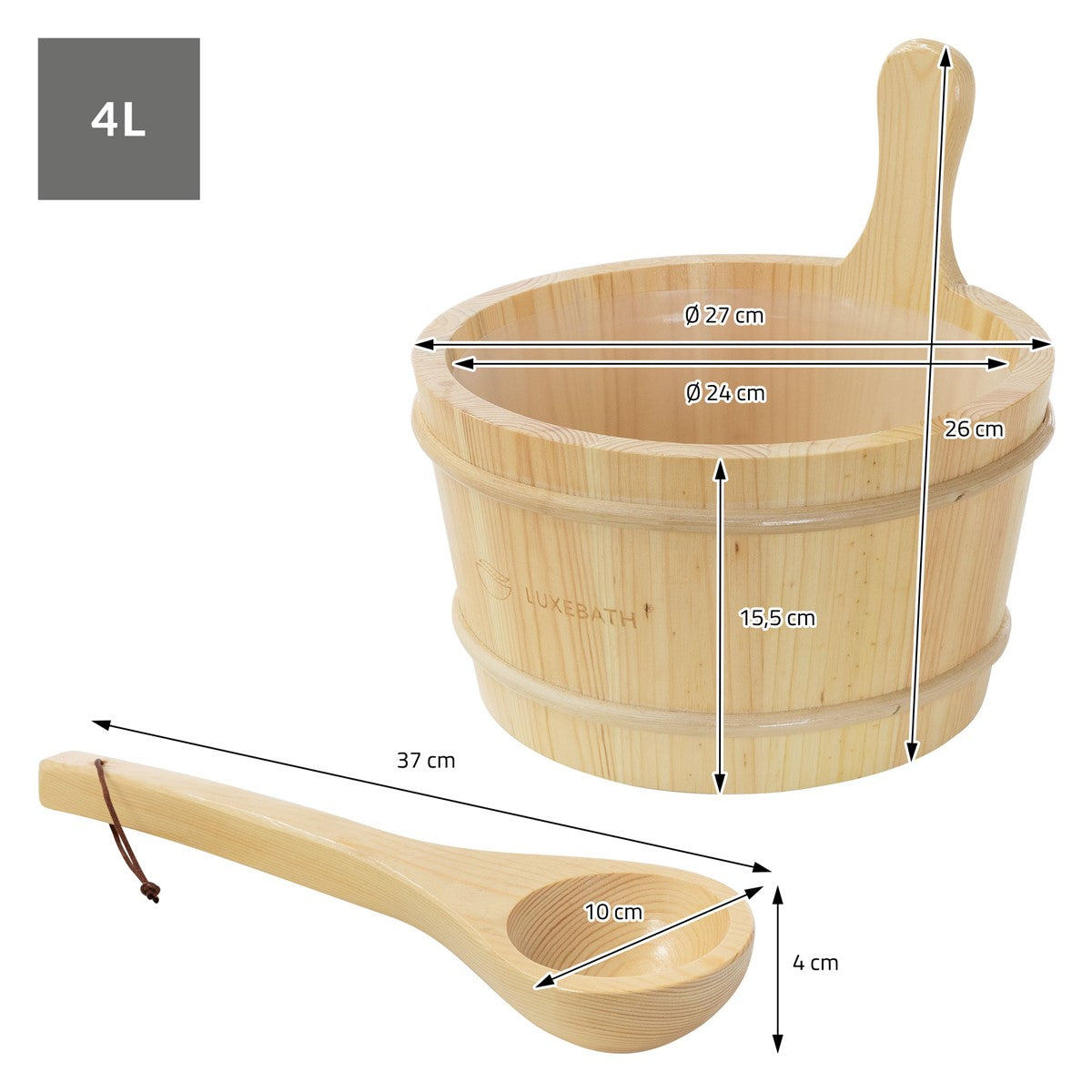 Holzaufgusskübel mit Kelle, Maße und Details abgebildet.