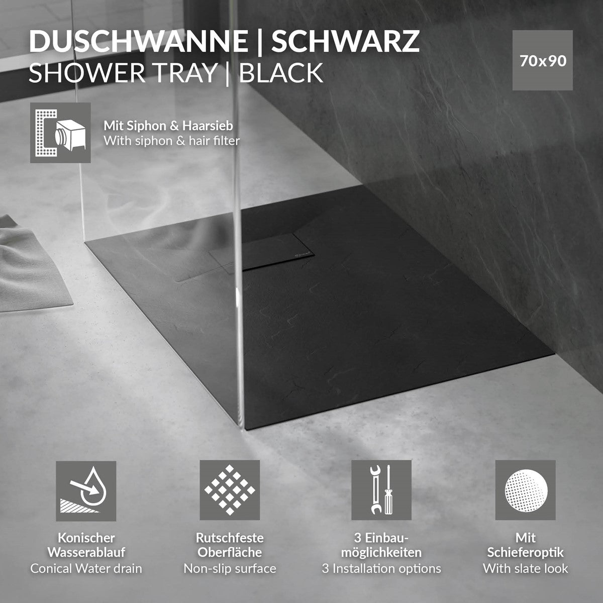 Black shower tray with a conical drain and a non-slip surface.