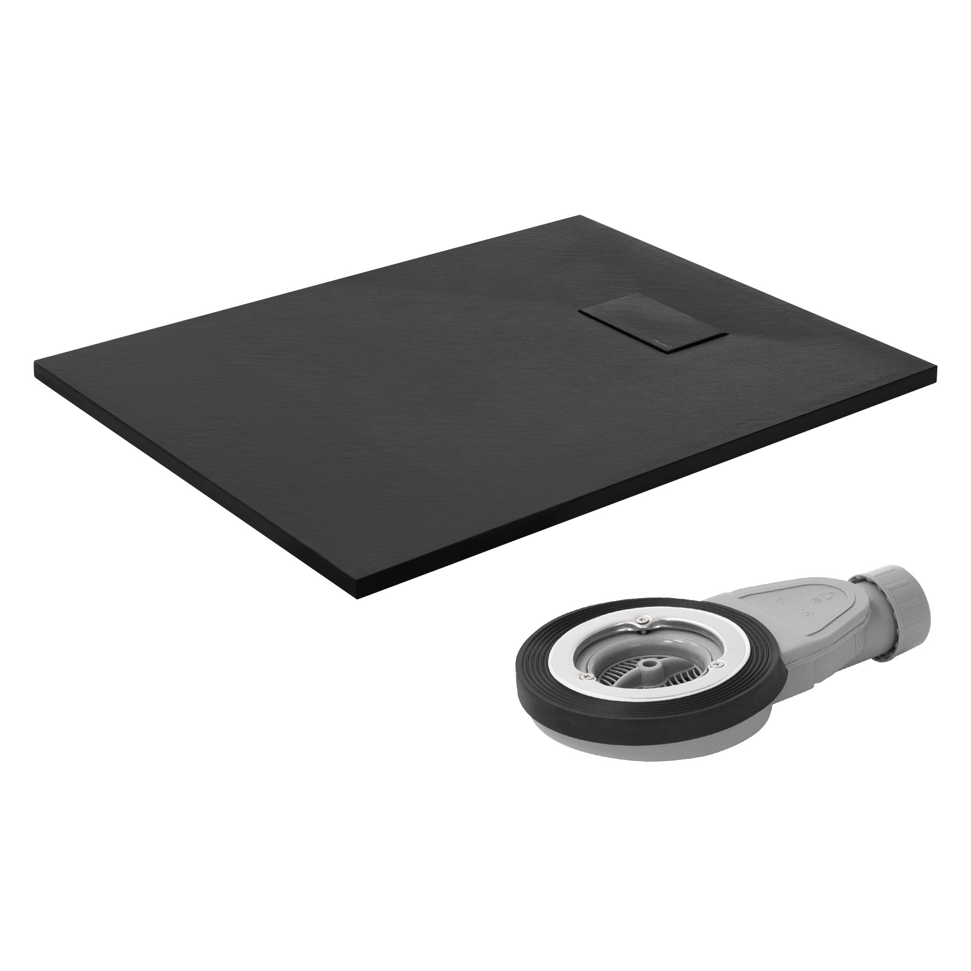 Schwarze Duschwanne mit Abfluss und Abdeckung auf weißem Untergrund.