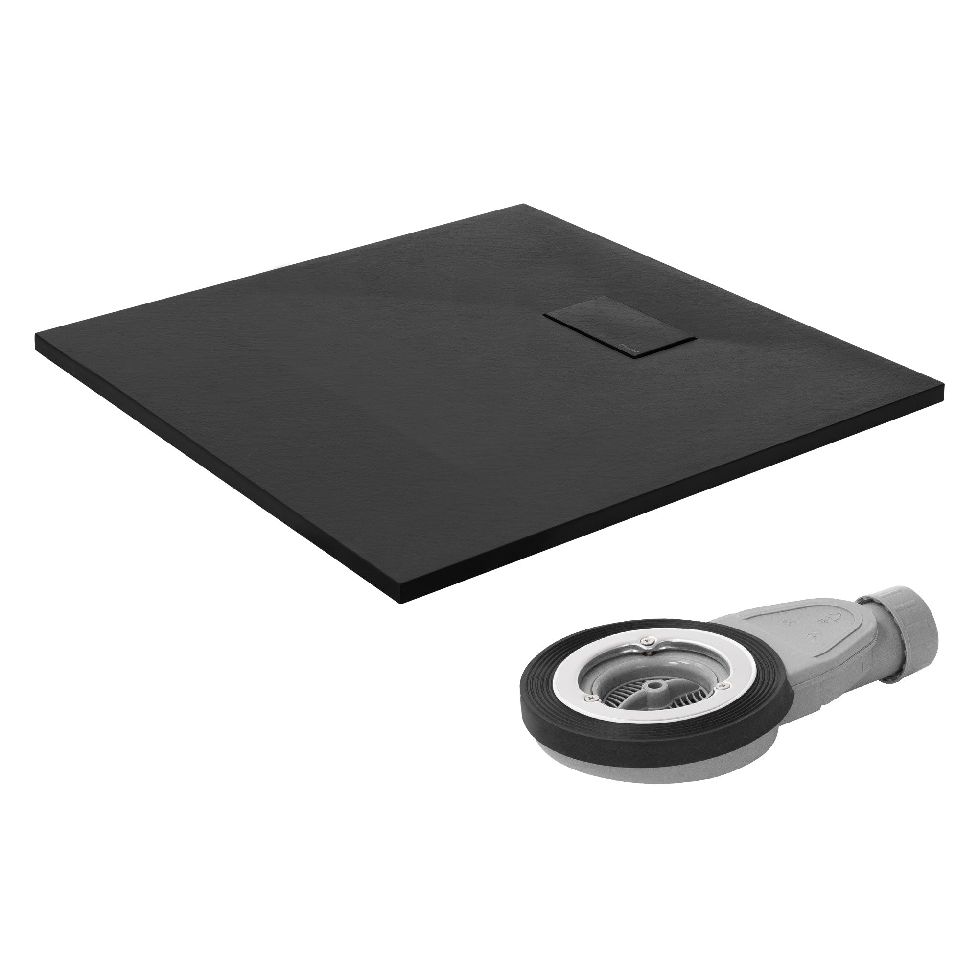 Schwarze Duschwanne mit Abfluss und flacher Oberfläche.