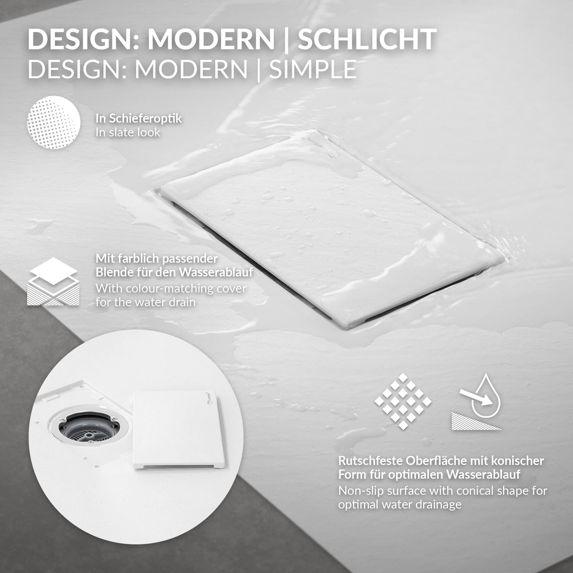 Descripción del producto con indicaciones de diseño y detalles técnicos sobre el plato de ducha.