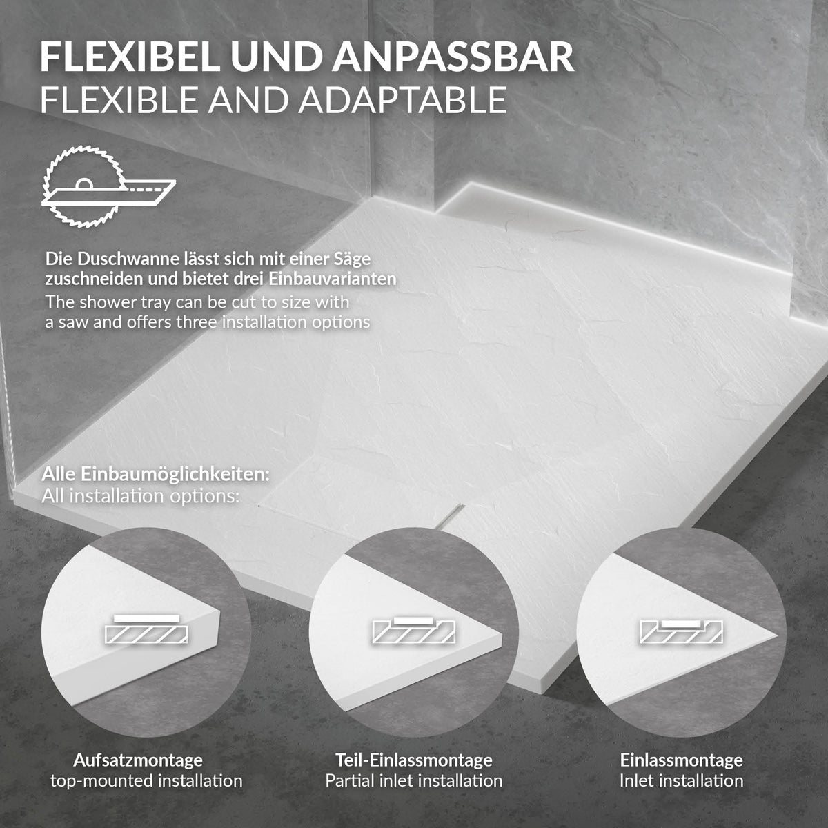 Diagramme avec différentes options d'installation pour un receveur de douche.