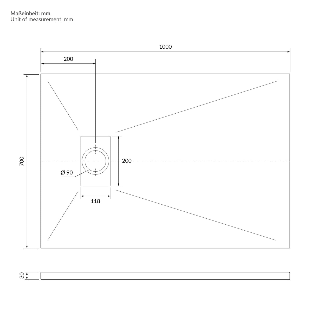 Dessin technique du receveur de douche avec des dimensions en millimètres.