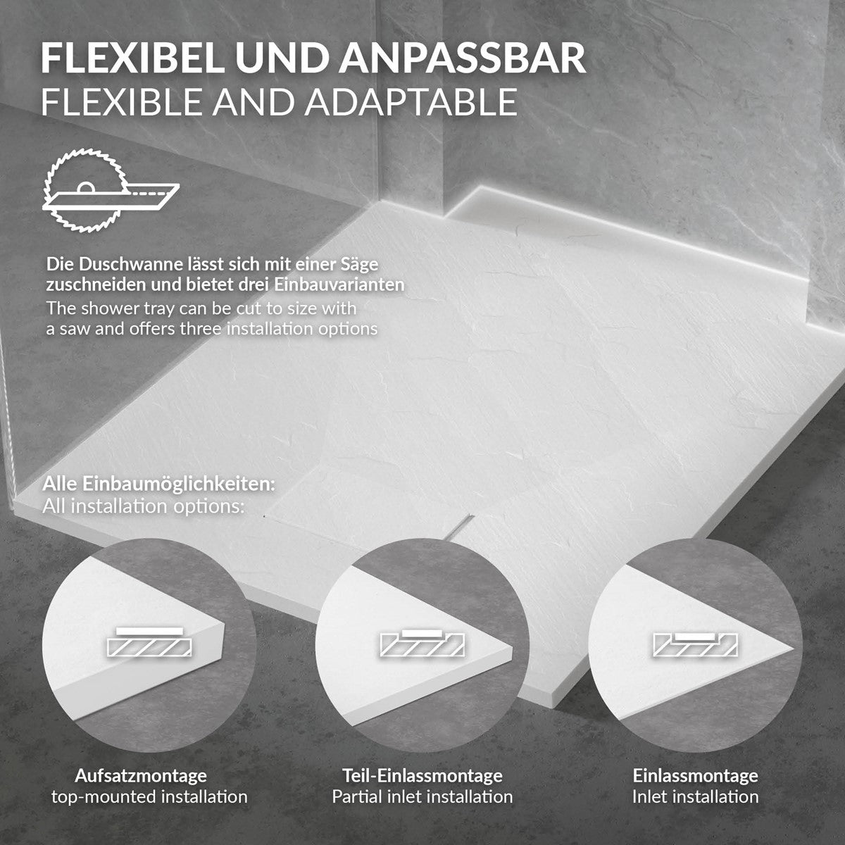 Duschwanne mit verschiedenen Einbaumöglichkeiten, schematische Darstellung.
