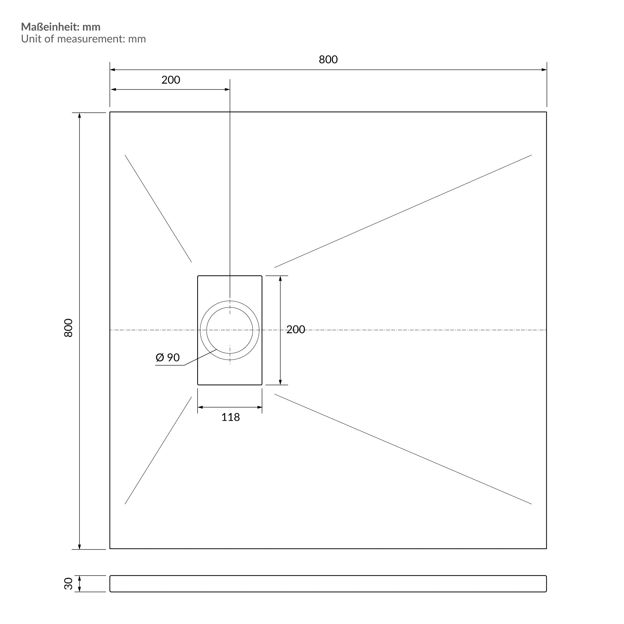 Dibujo técnico con medidas para una bandeja de ducha.
