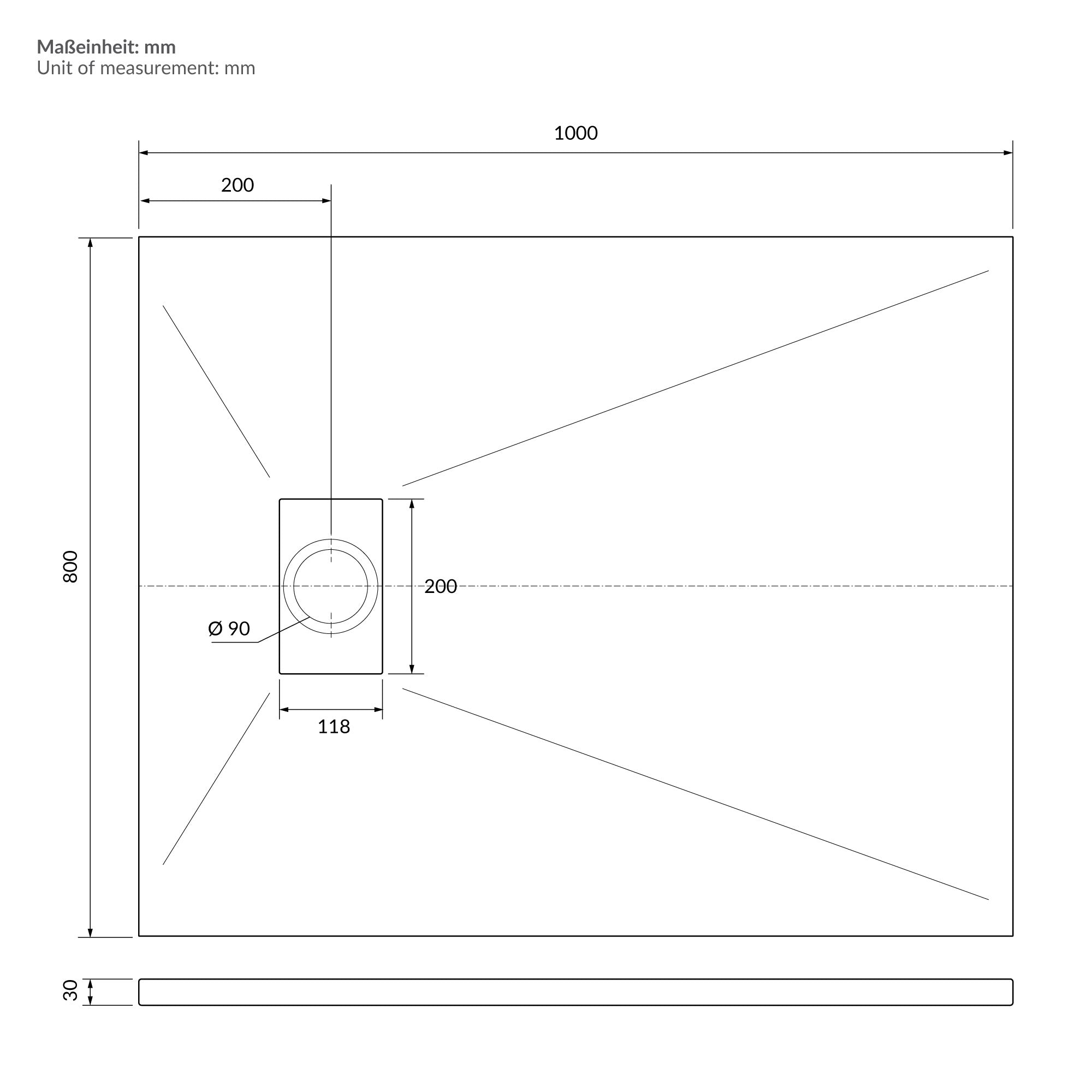 Dibujo técnico de la ducha con medidas en milímetros.