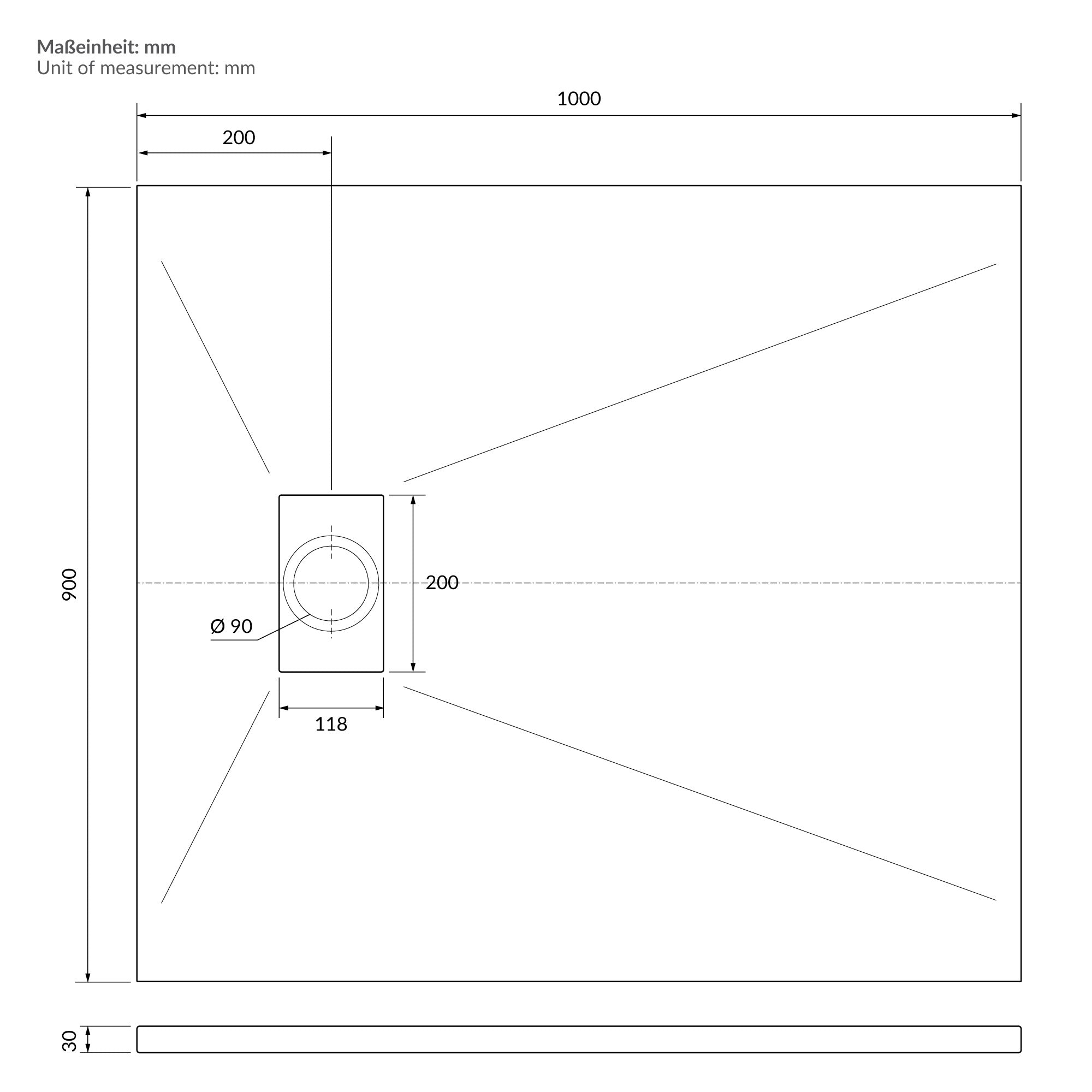 Dibujo técnico con medidas para una ducha.