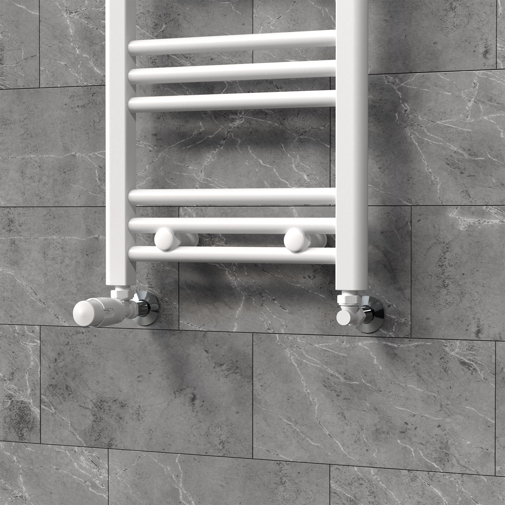 White towel radiator on a gray wall.