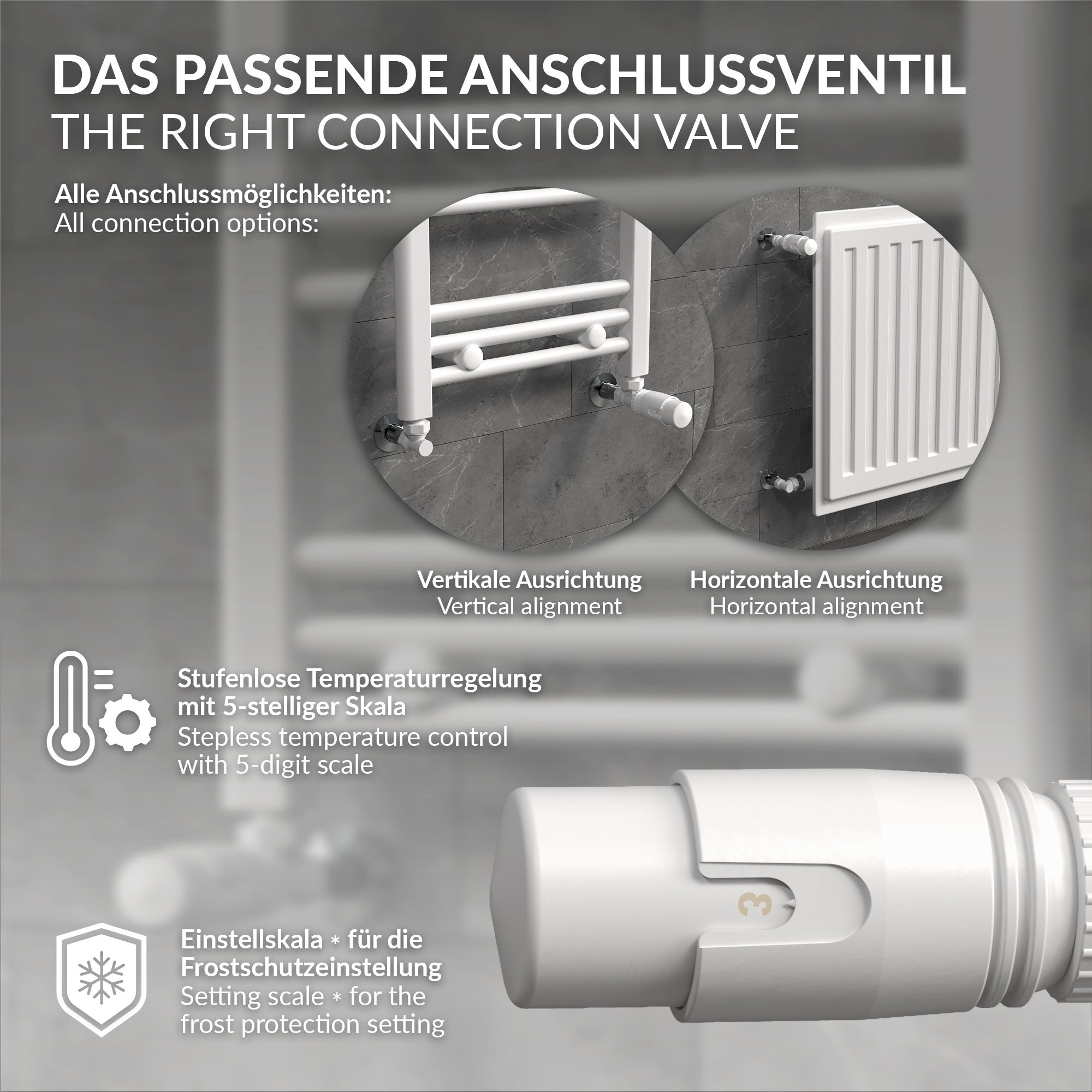 Graphic with connection valve and temperature control with 5-digit scale.