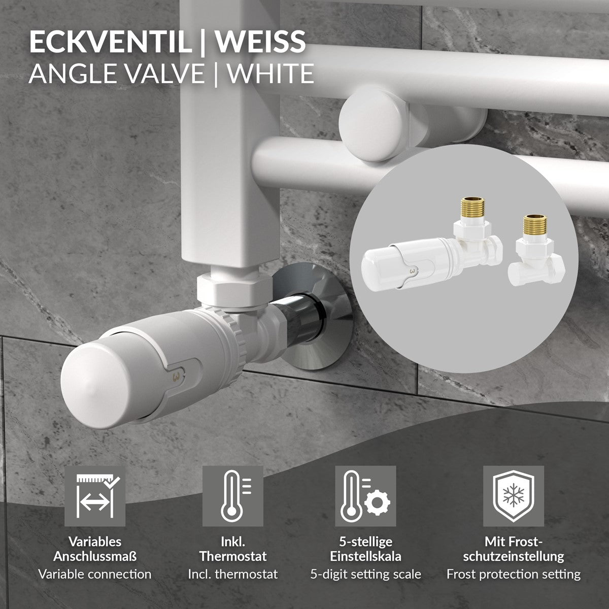 Weißes Eckventil mit Thermostat und technischen Informationen.