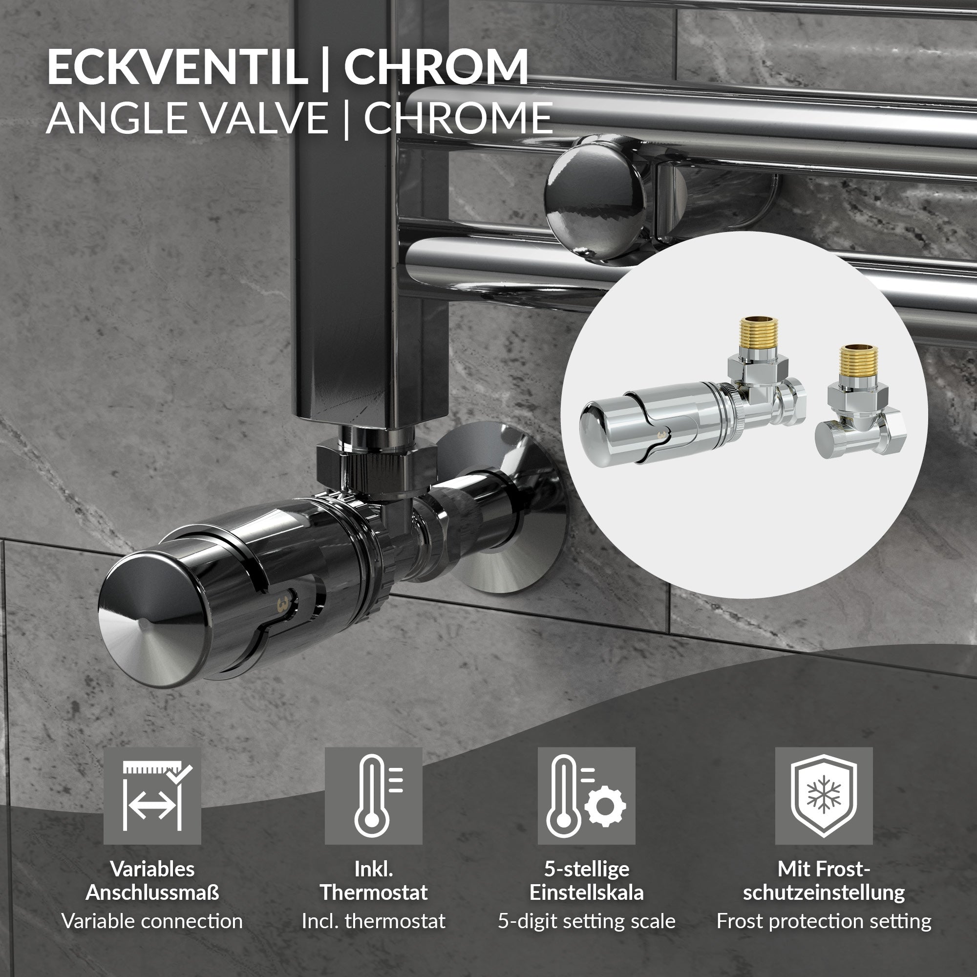 Eckventil aus verchromtem Metall mit Thermostat und Einstellskala.