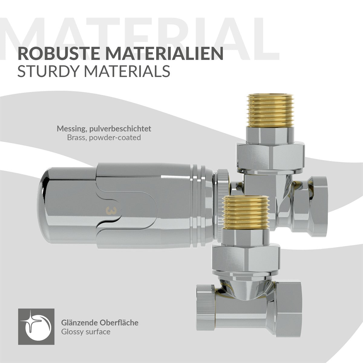 Metallische Armaturen mit glänzender Oberfläche und Gewinde.