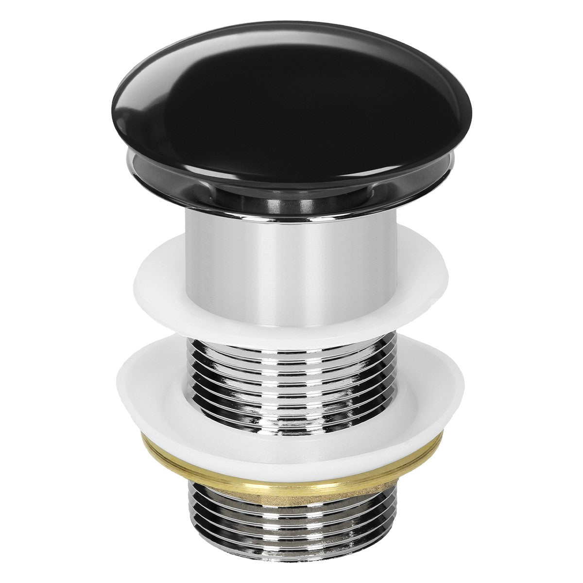 Drain valve with a black knob and chrome-plated thread.