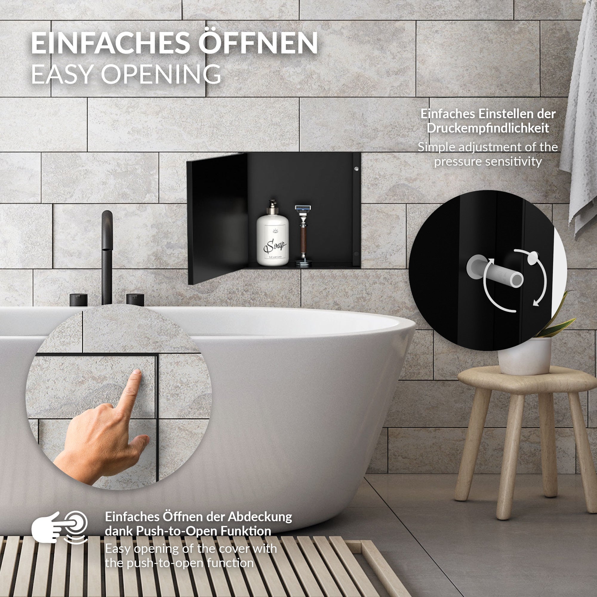 Badewanne mit schwarzem Regal, das eine Druckfunktion zeigt.