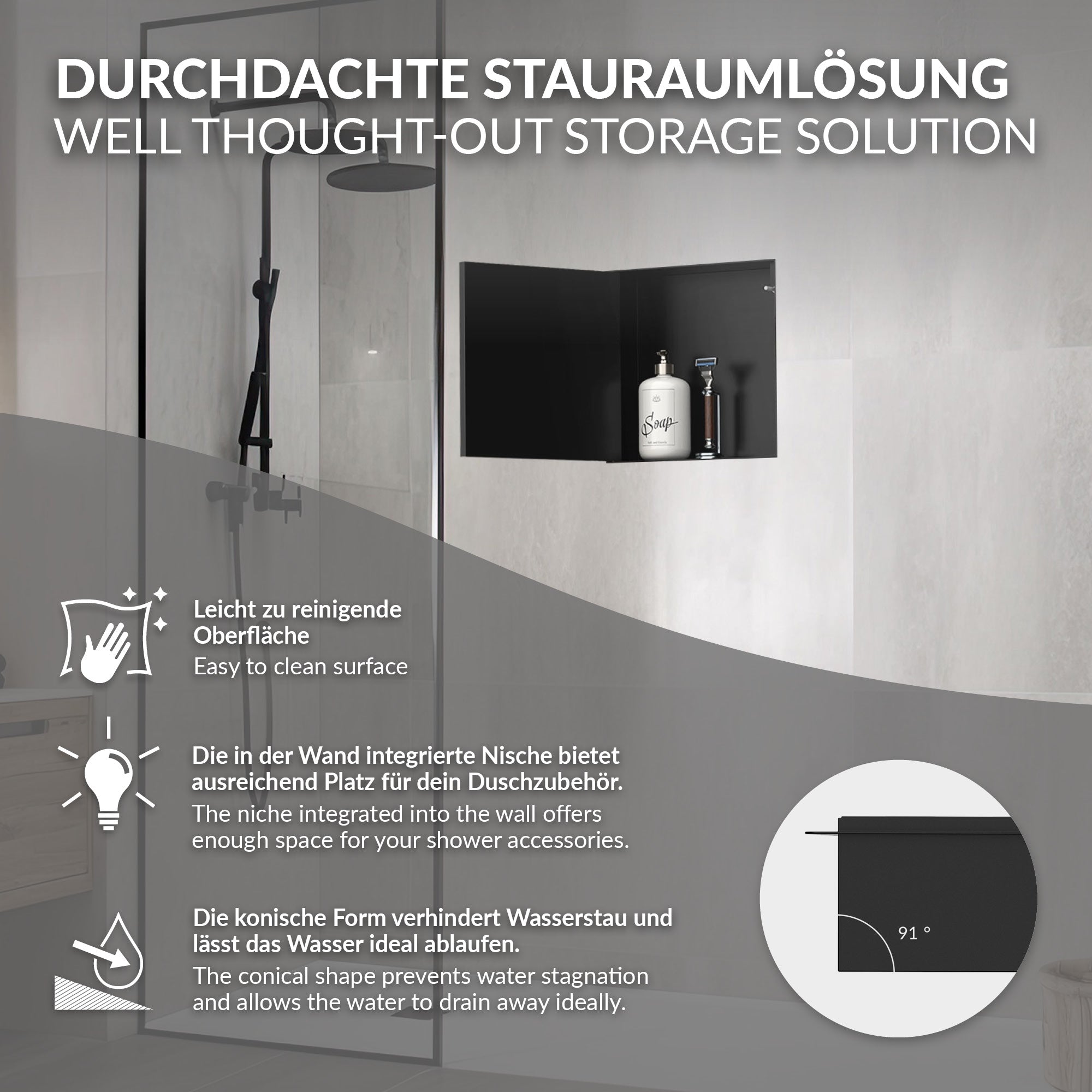 Wandnische mit Produkten in einem Badezimmer, schwarze Wand, Duschbereich.