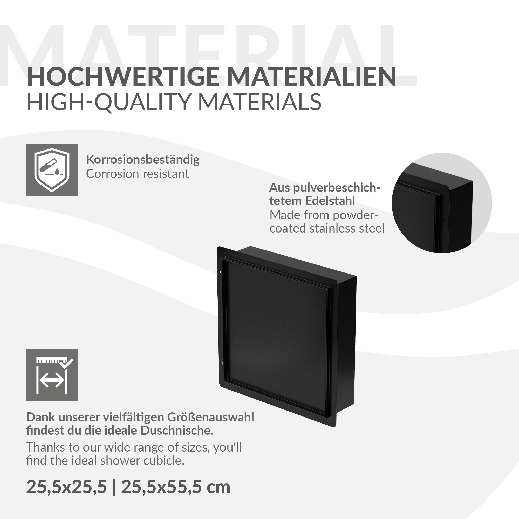 Schwarzer Duschablage mit Informationen zu hochwertigen Materialien.