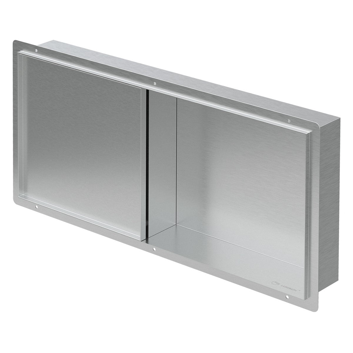 Metal wall niche with two compartments and a silver finish.