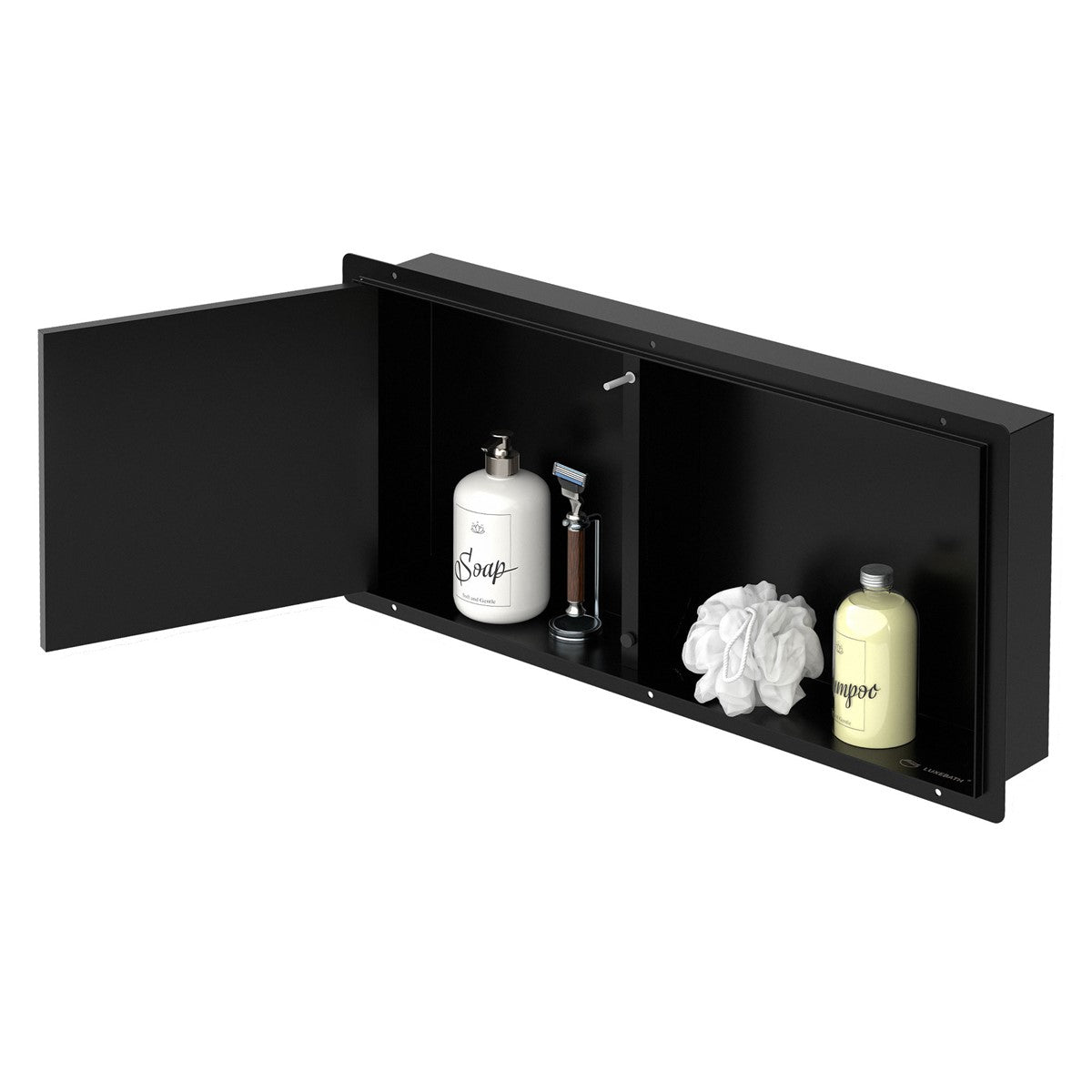 Open black wall shelf with soap, razor and shower sponge.