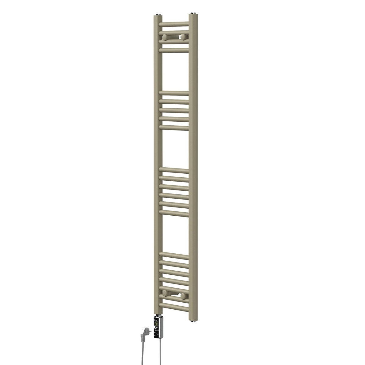 Ein schmaler, beige Handtuchheizkörper an einer Wand.