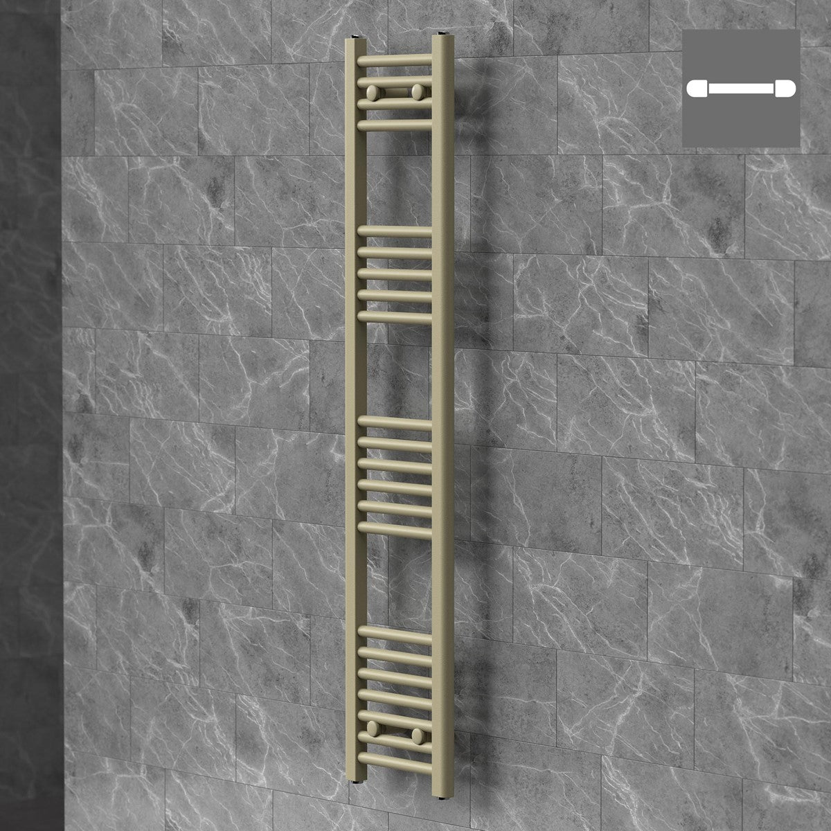 Radiatore montato verticalmente su una parete grigia.