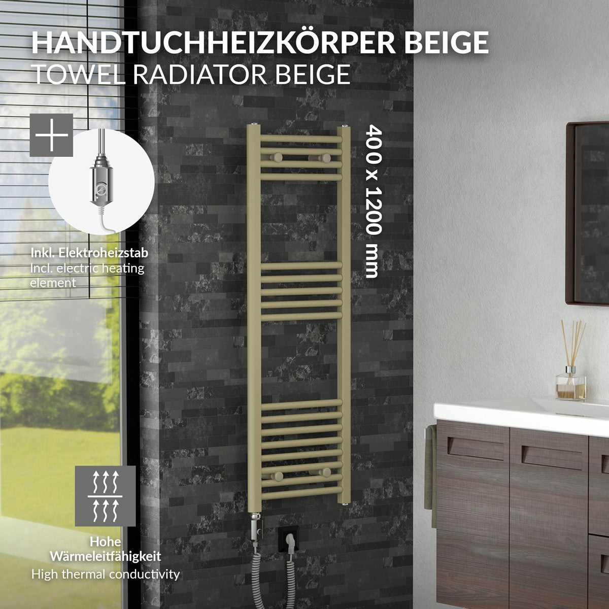 Beiger Handtuchheizkörper an einer Wand mit Maße 400 x 1200 mm.