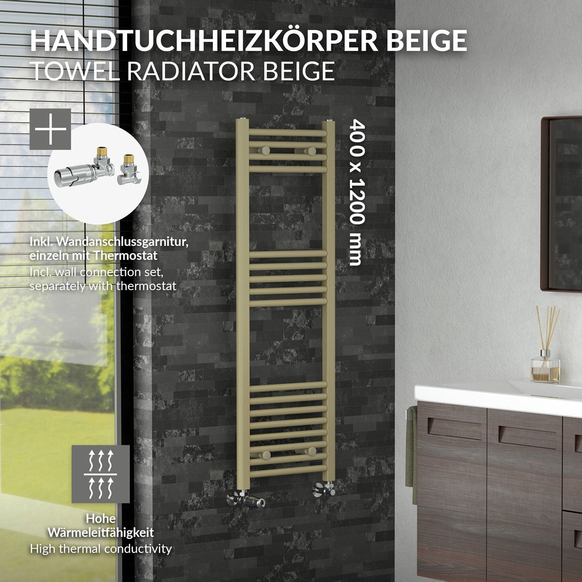 Beiger Handtuchheizkörper mit technischen Details.