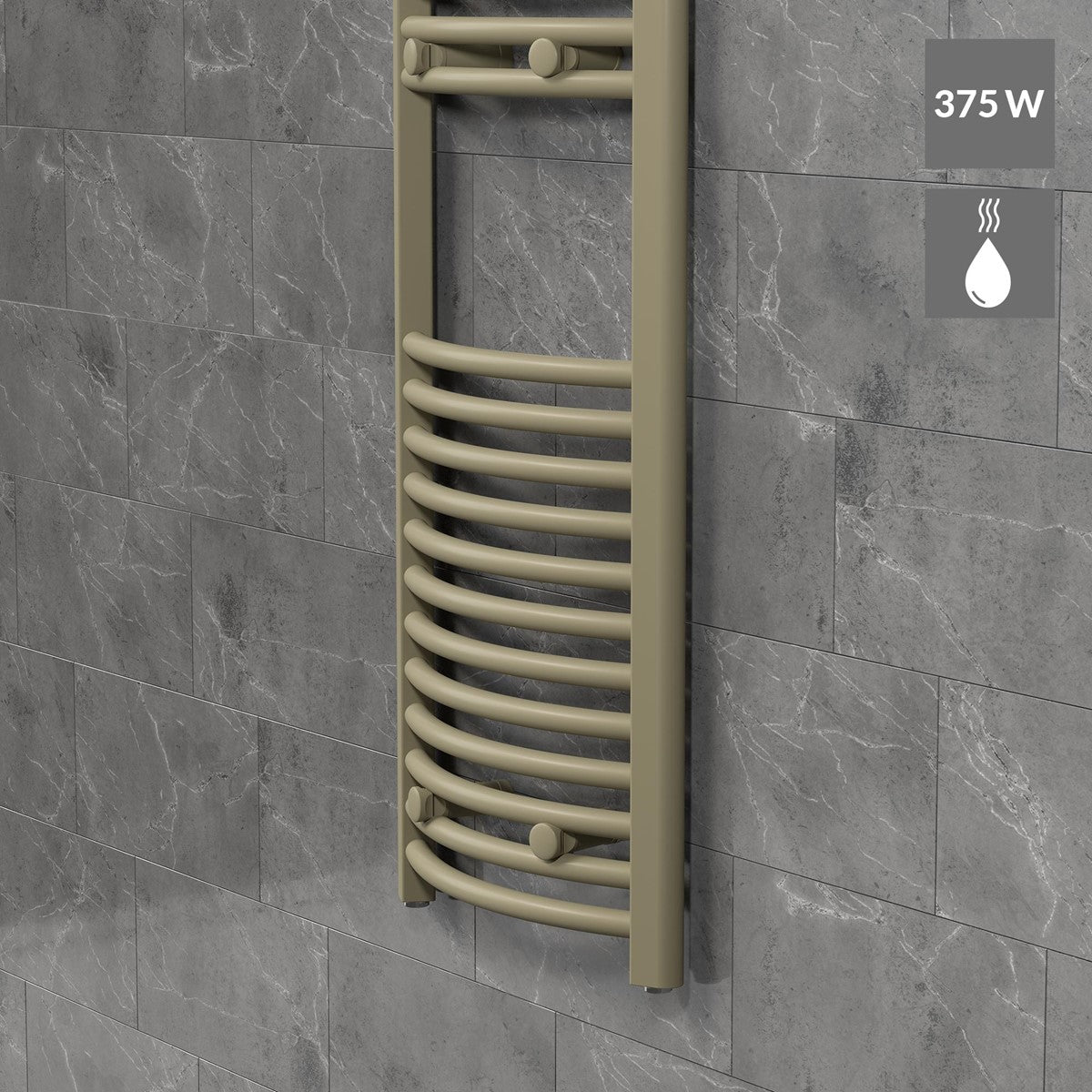 Beige handdoekradiator aan een grijze betegelde muur; daarnaast symbolen voor 375 W en warmte.