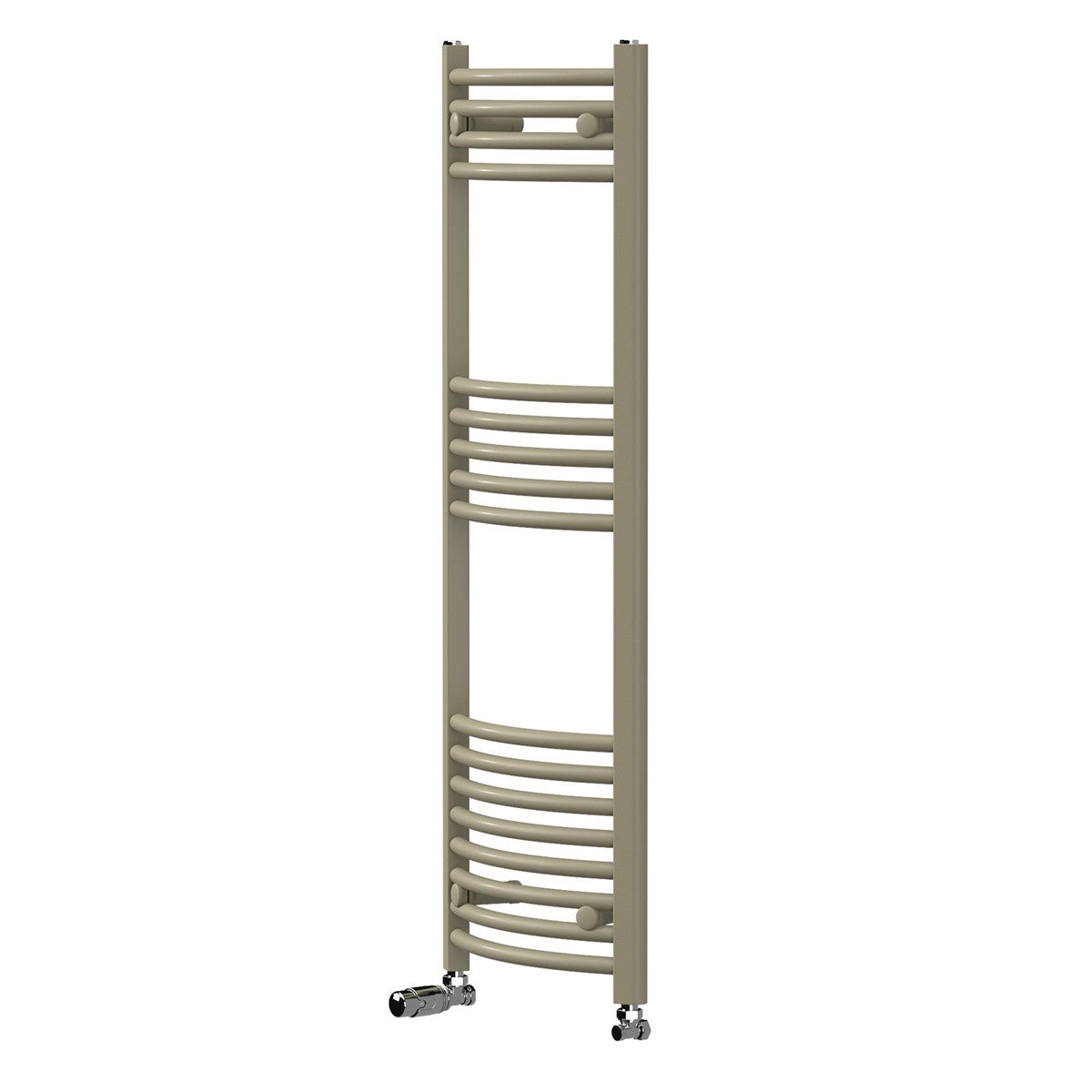 Freistehender Handtuchwärmer in beige vor grauer Wand.