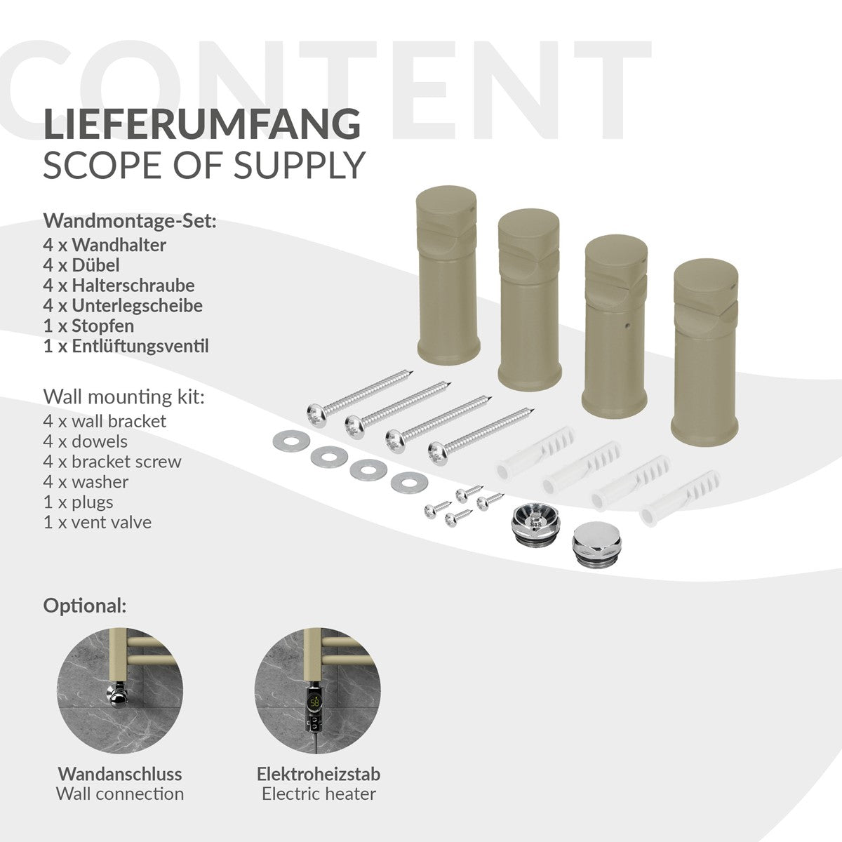 Lieferumfang mit Wandmontageset und Zubehörteilen auf weißem Hintergrund.