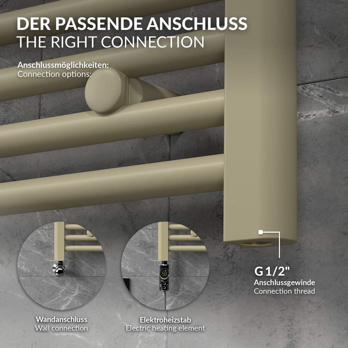 Detailansicht eines Handtuchwärmers mit Anschlussmöglichkeiten und Beschriftungen.