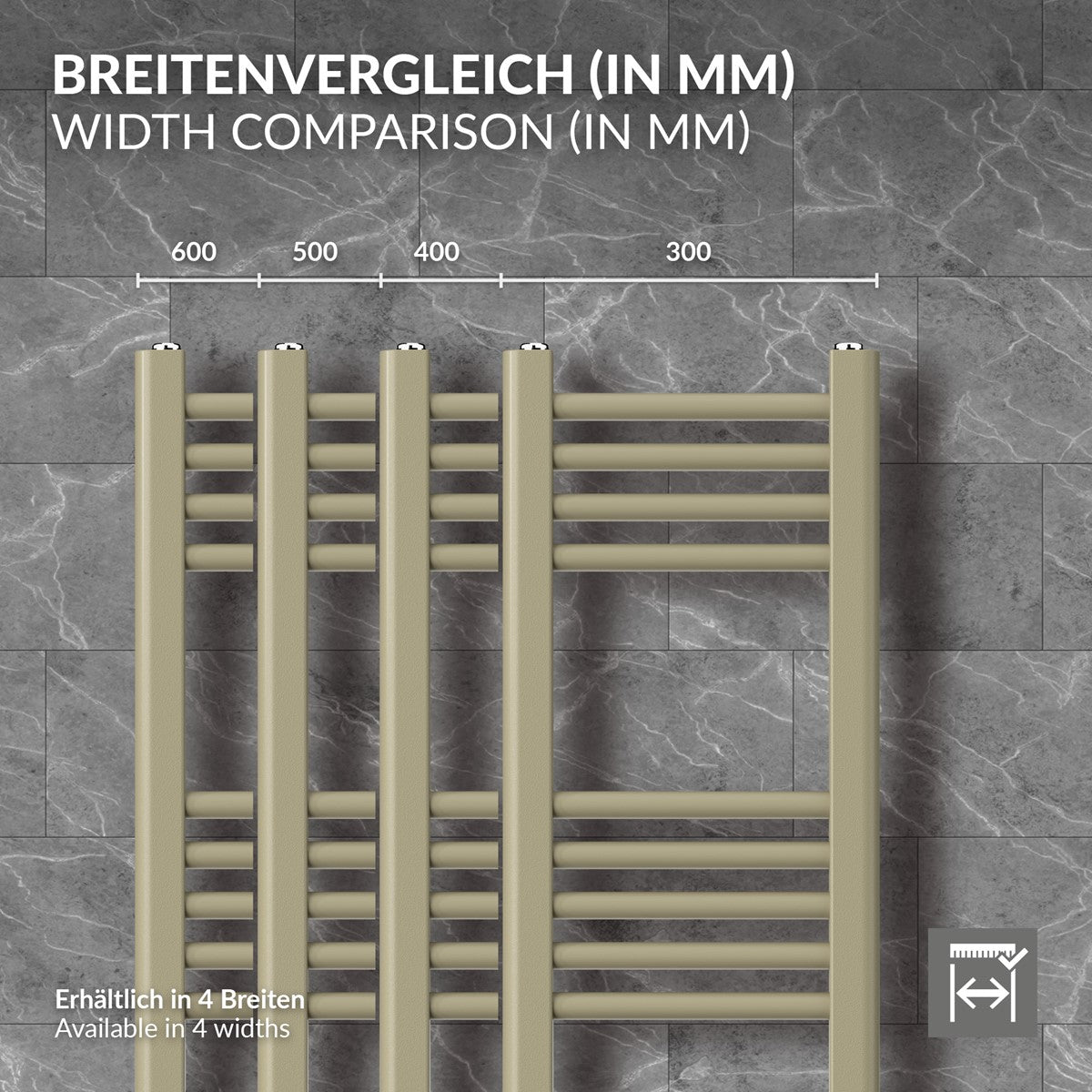 Breitenvergleich von Handtuchheizkörpern auf einem Steinboden.