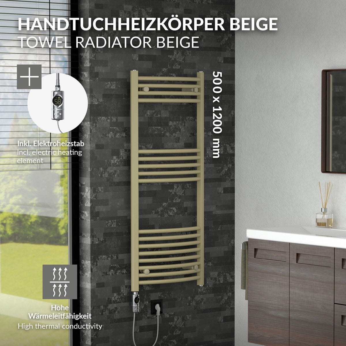 Beige Handtuchheizkörper in einem modernen Badezimmer.